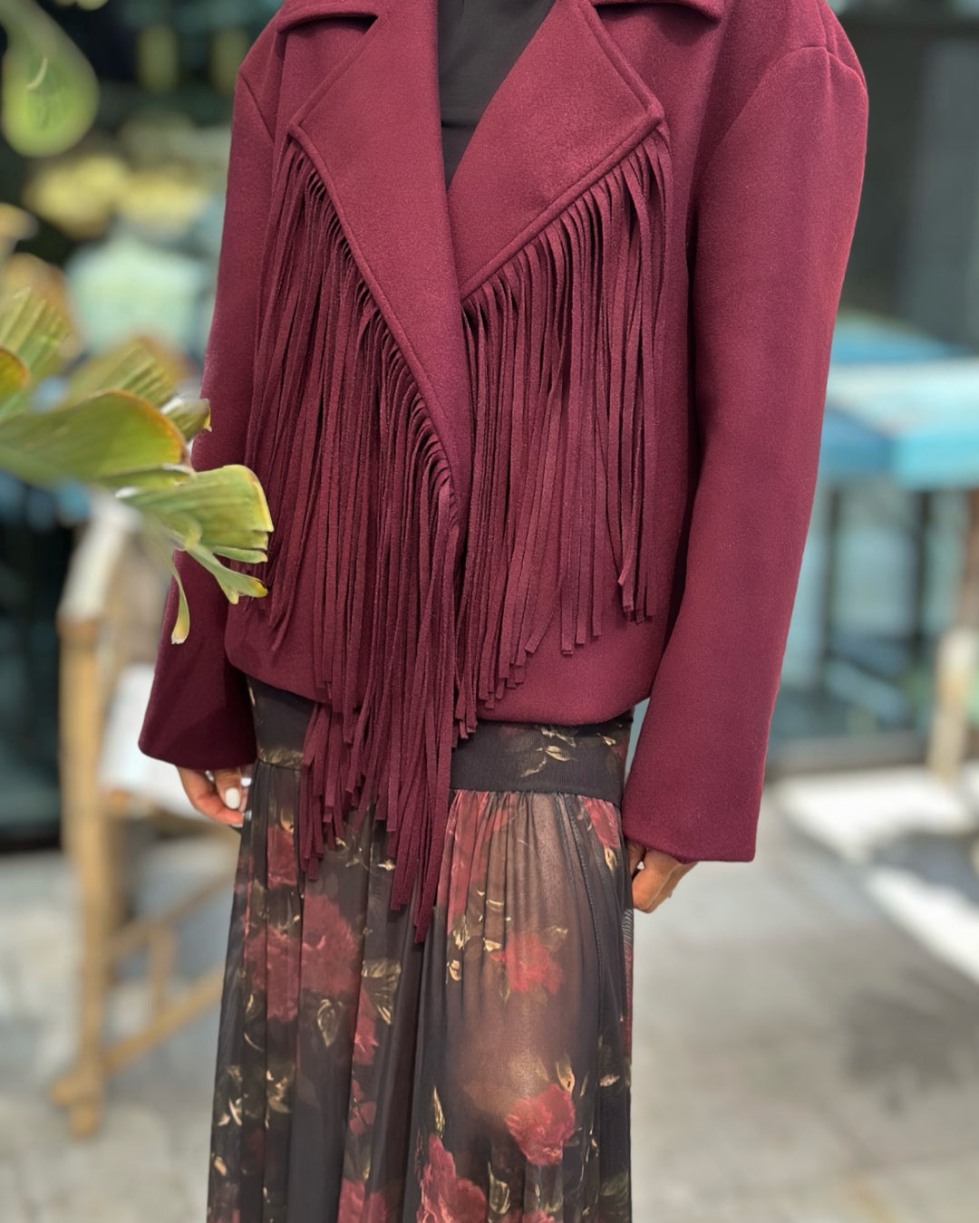 Giacca in Panno con Maxi Frange Bordeaux