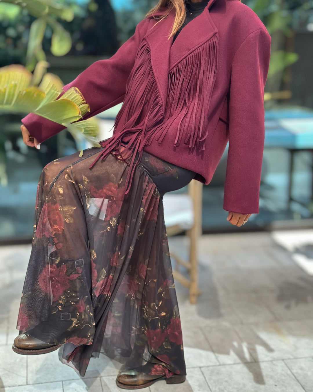 Giacca in Panno con Maxi Frange Bordeaux