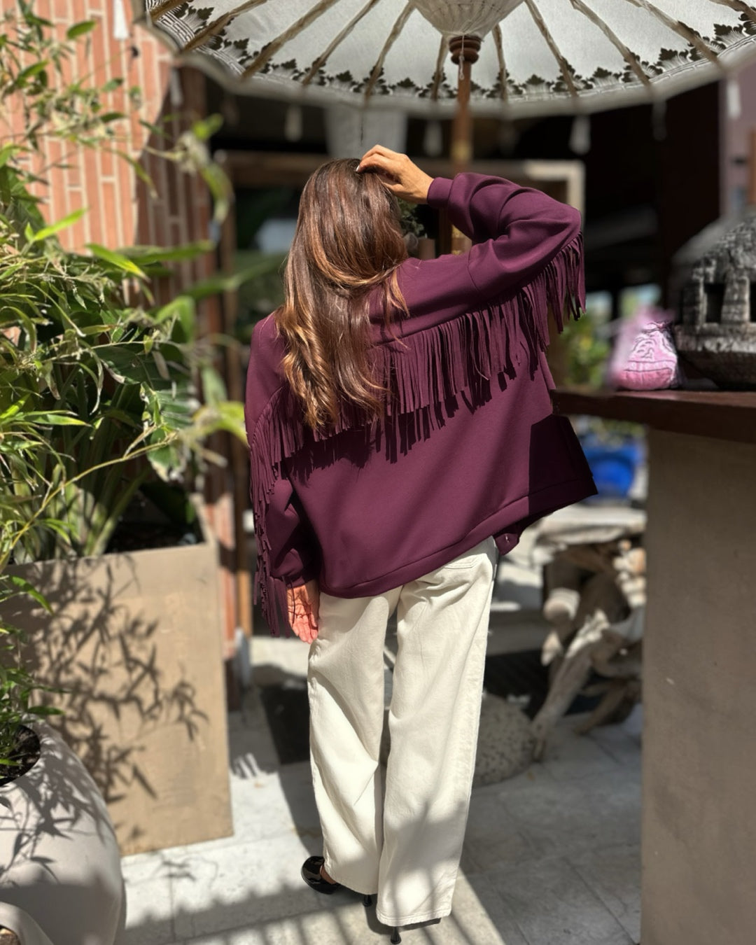 Cardigan in Felpa con Frange Burgundy