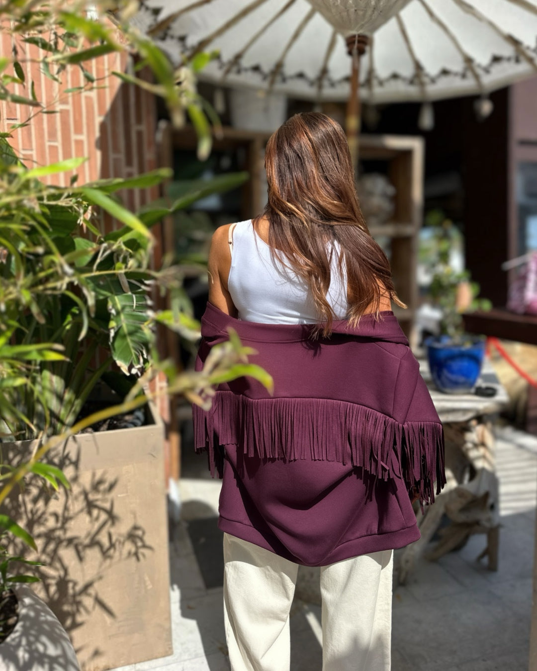 Cardigan in Felpa con Frange Burgundy