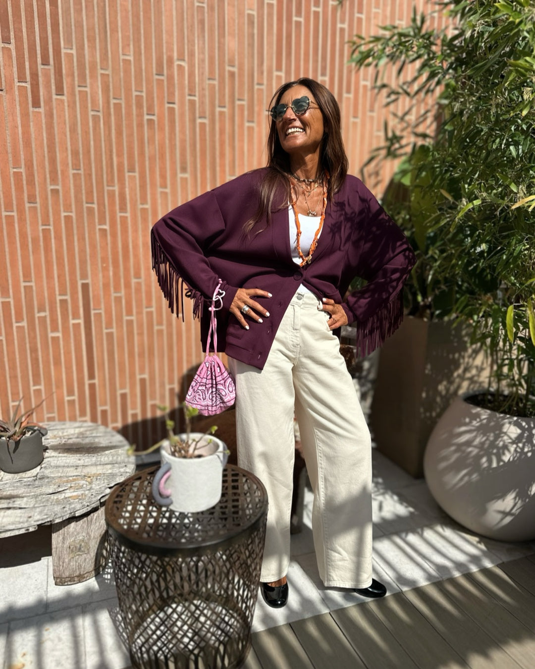 Cardigan in Felpa con Frange Burgundy