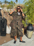 Giacca Denim Camouflage con Tasche con Frange
