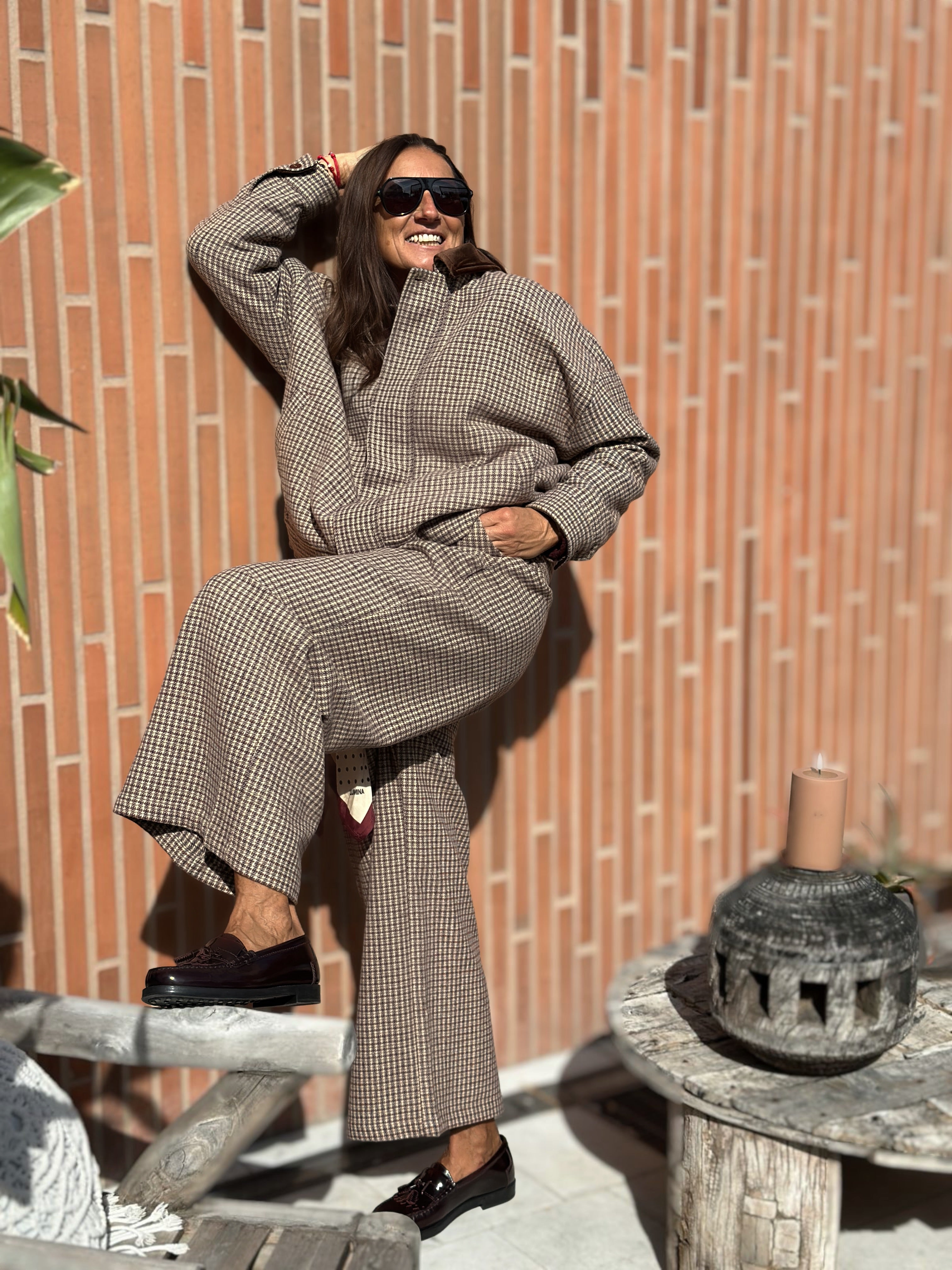 Giacca Pied de Poule con Colletto in Velluto Liscio