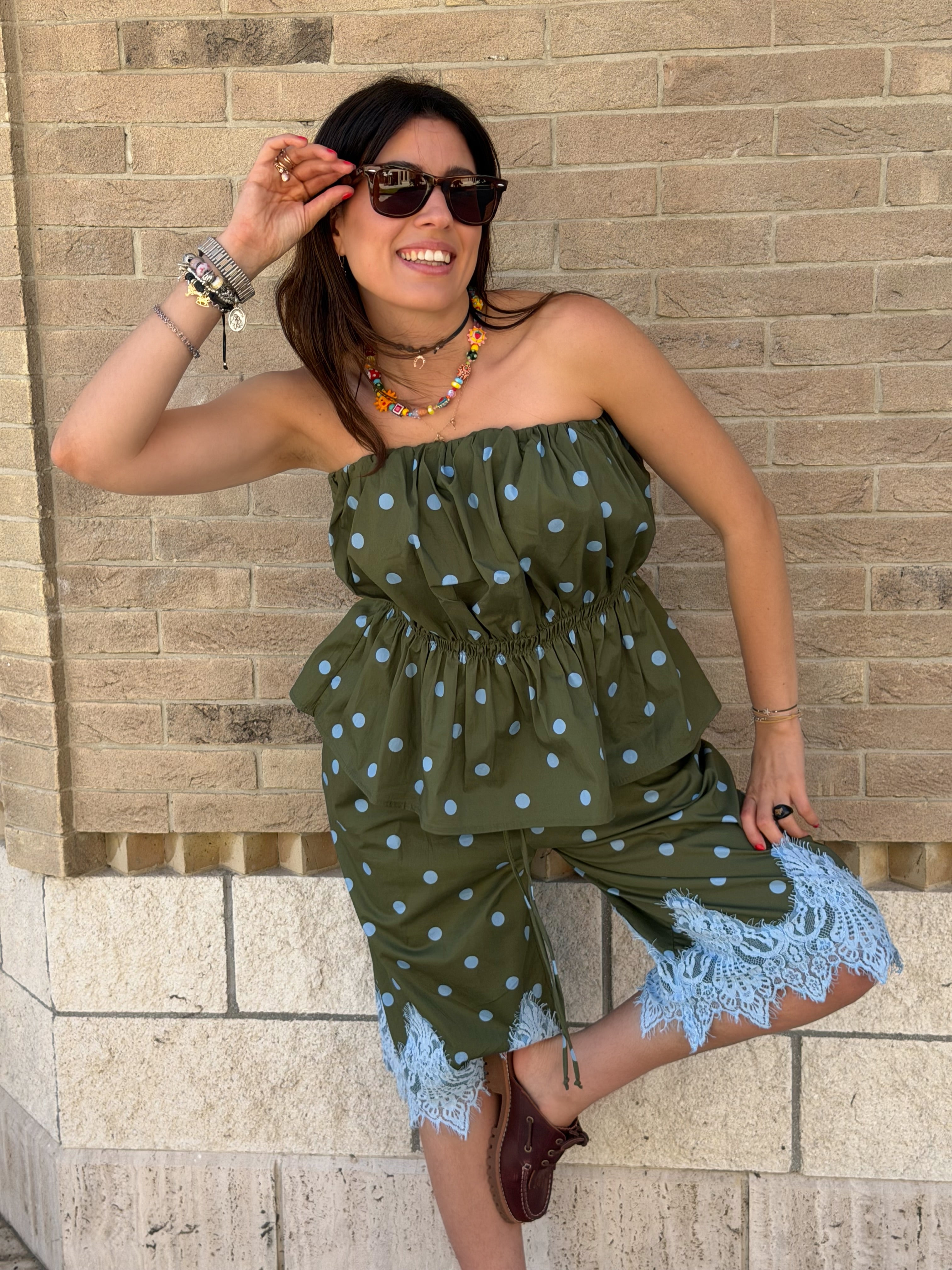 Bermuda Pois in Cotone con Pizzo - Verde Miltare
