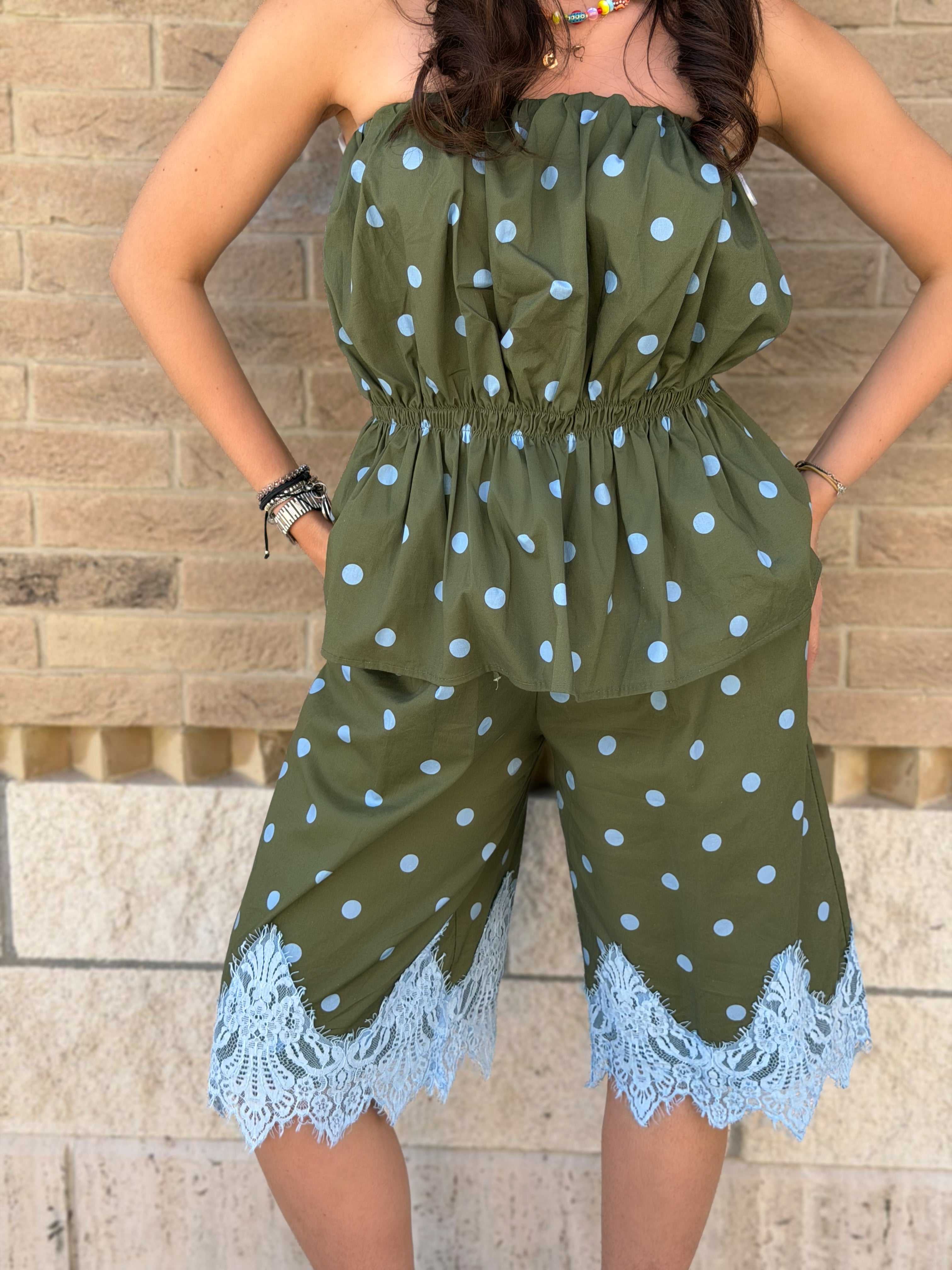 Bermuda Pois in Cotone con Pizzo - Verde Miltare