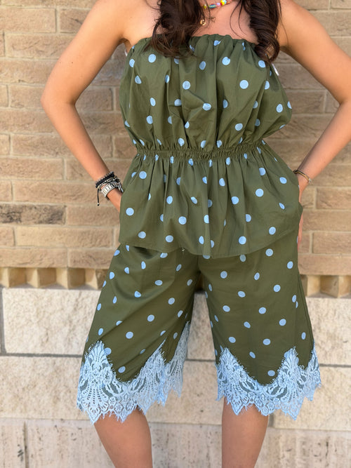 Bermuda Pois in Cotone con Pizzo - Verde Miltare