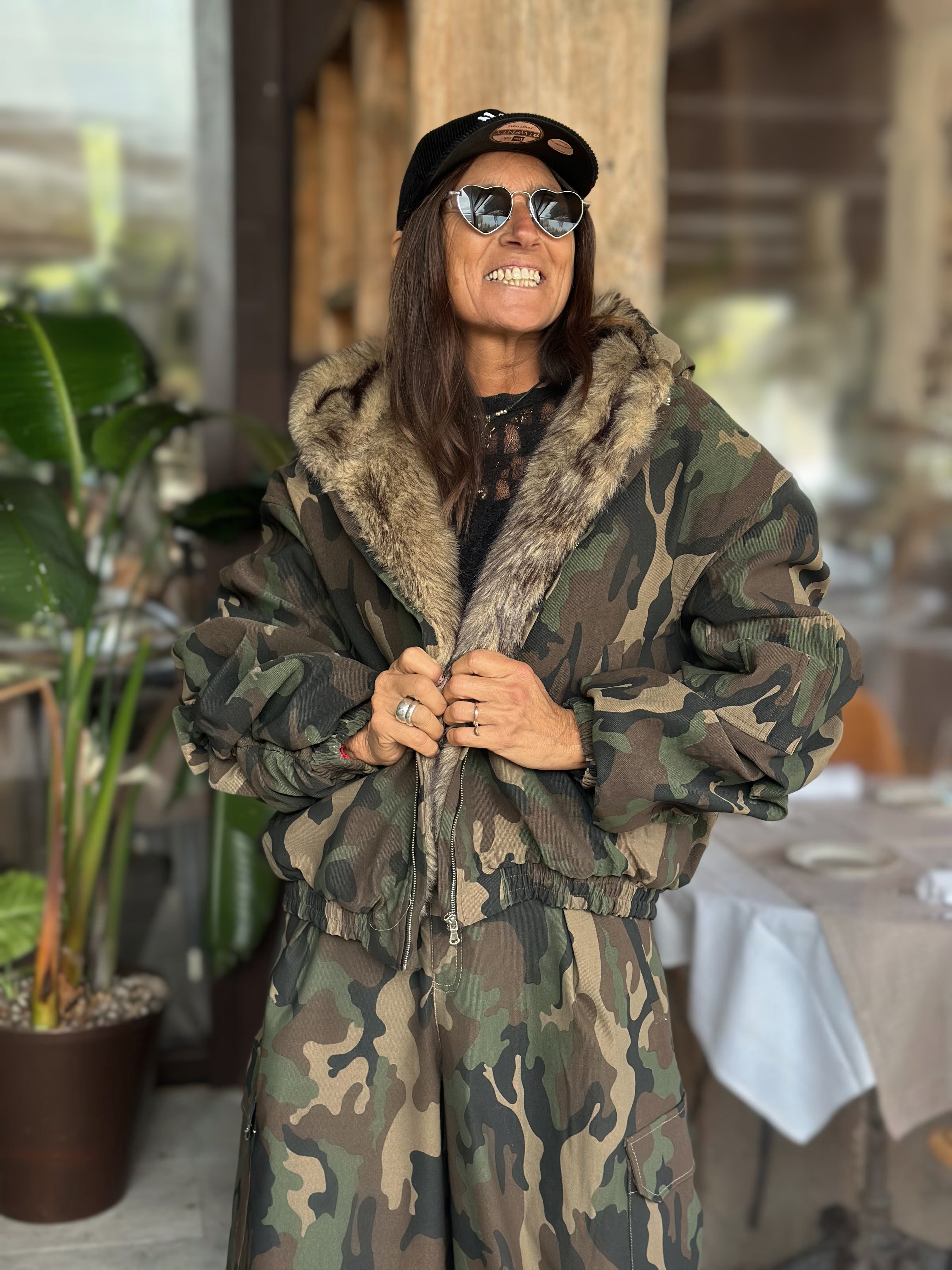 Bomber Camouflage con Cappuccio Reversibile interno Pelliccia