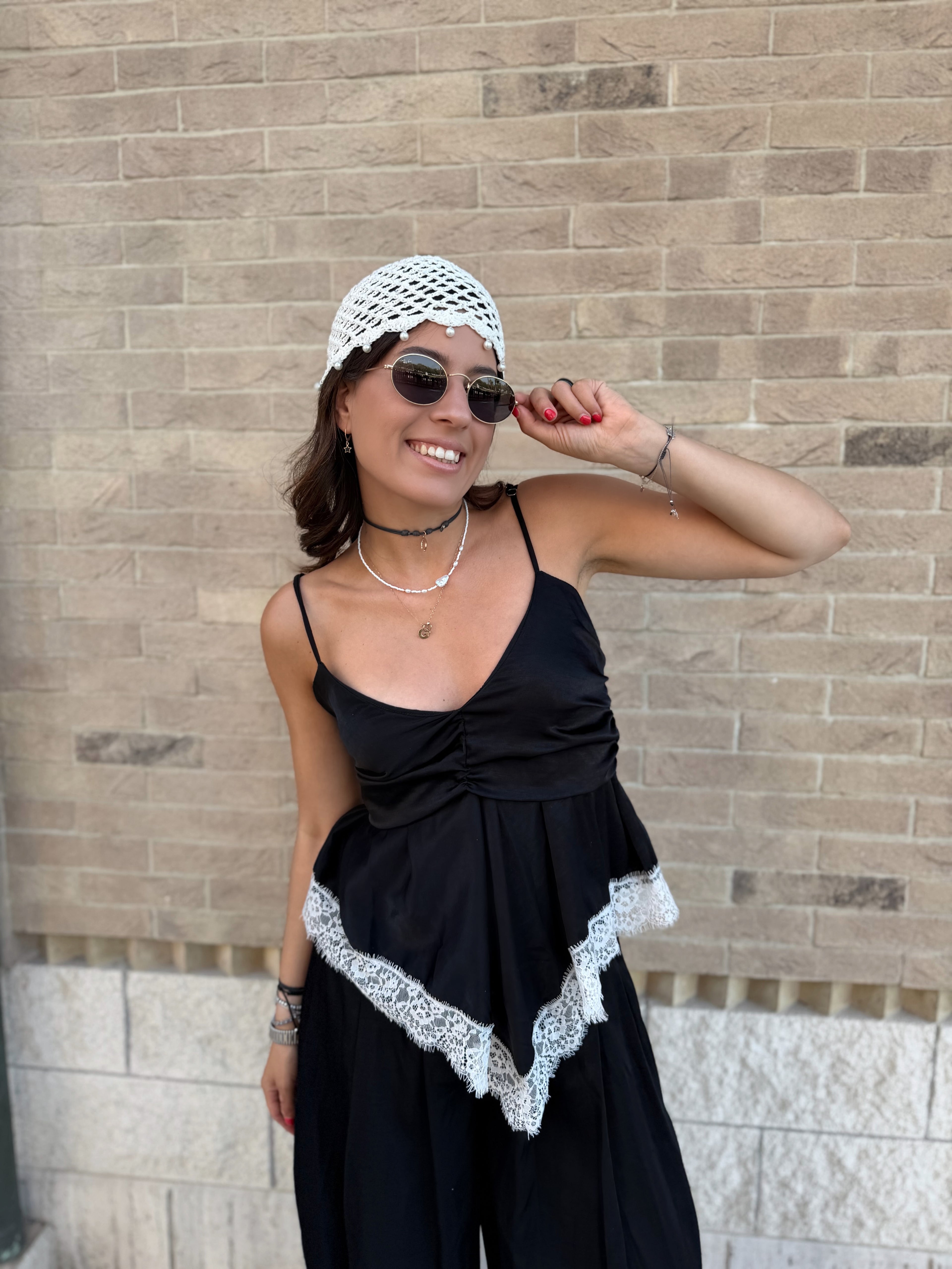 Coordinato Top con Pizzo + Pantalone - Nero Lucido