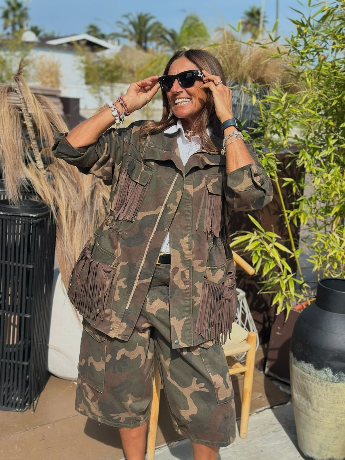 Giacca Denim Camouflage con Tasche con Frange