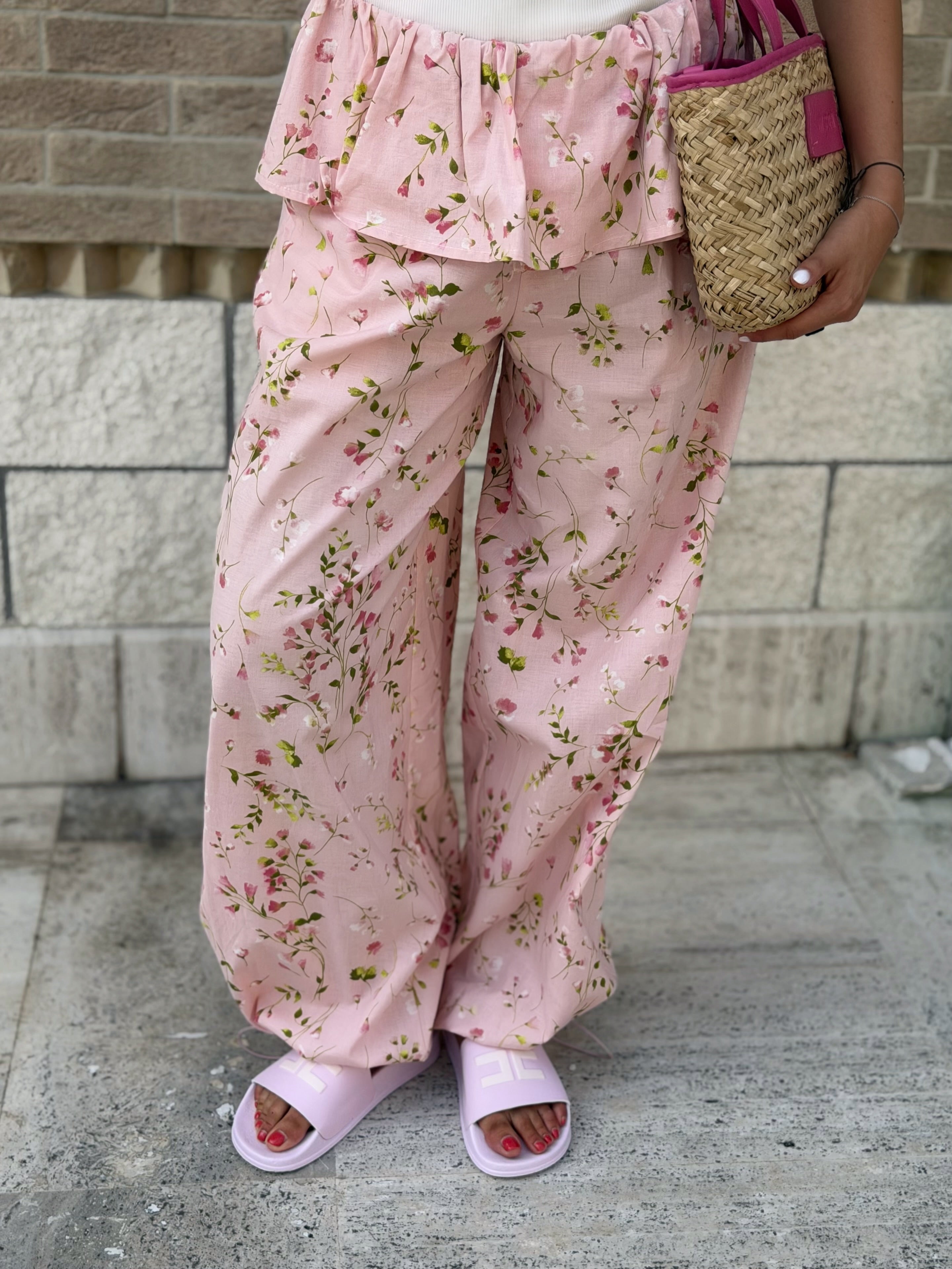 Pantalone con Volant in Cotone Mérida - Rosa