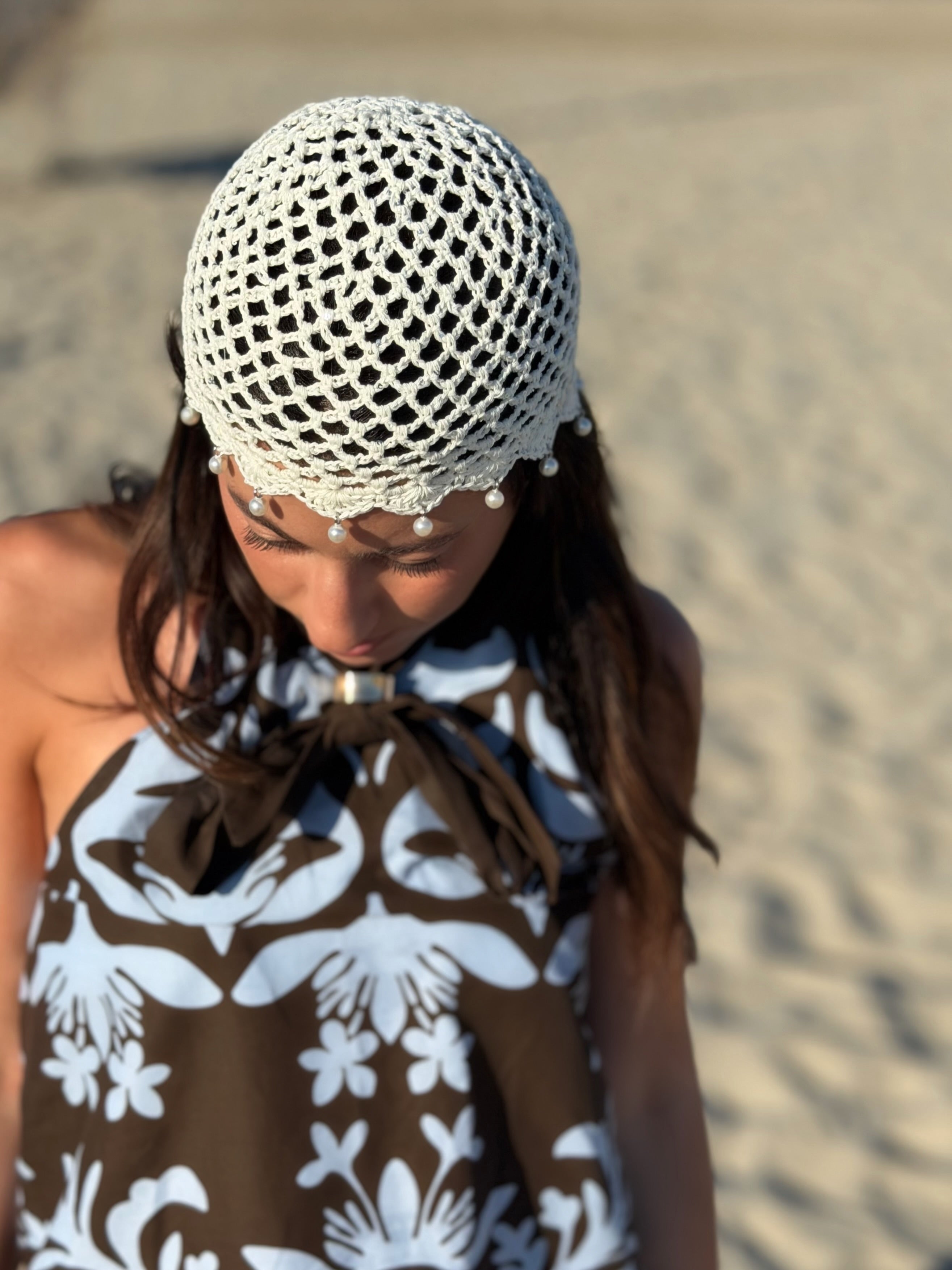 Cappellino Uncinetto con Perline - Bianco
