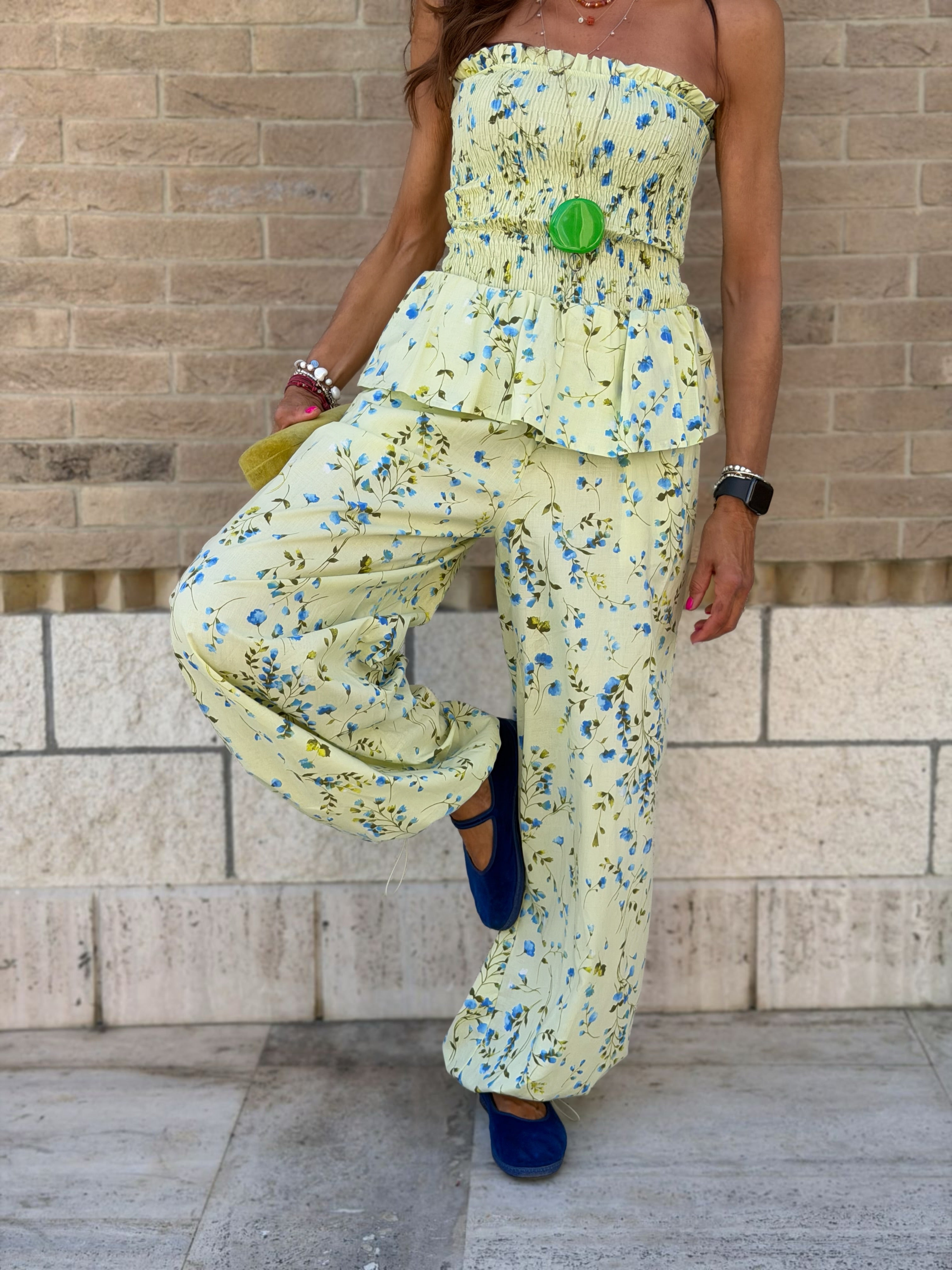 Pantalone con balza in Cotone Fiorellini | Giallo