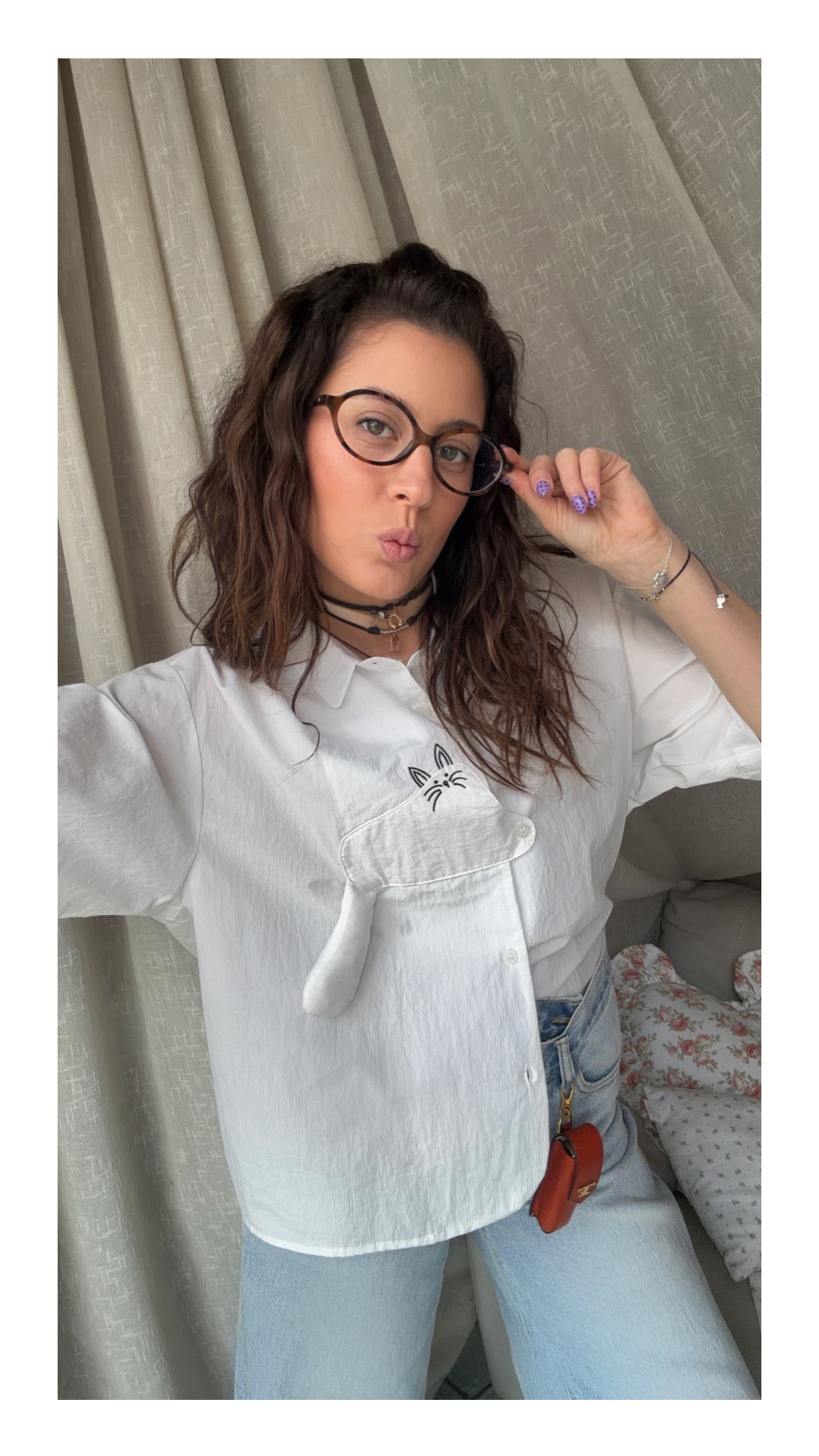 Camicia effetto Stropicciato con Gatto in 3d | Bianco