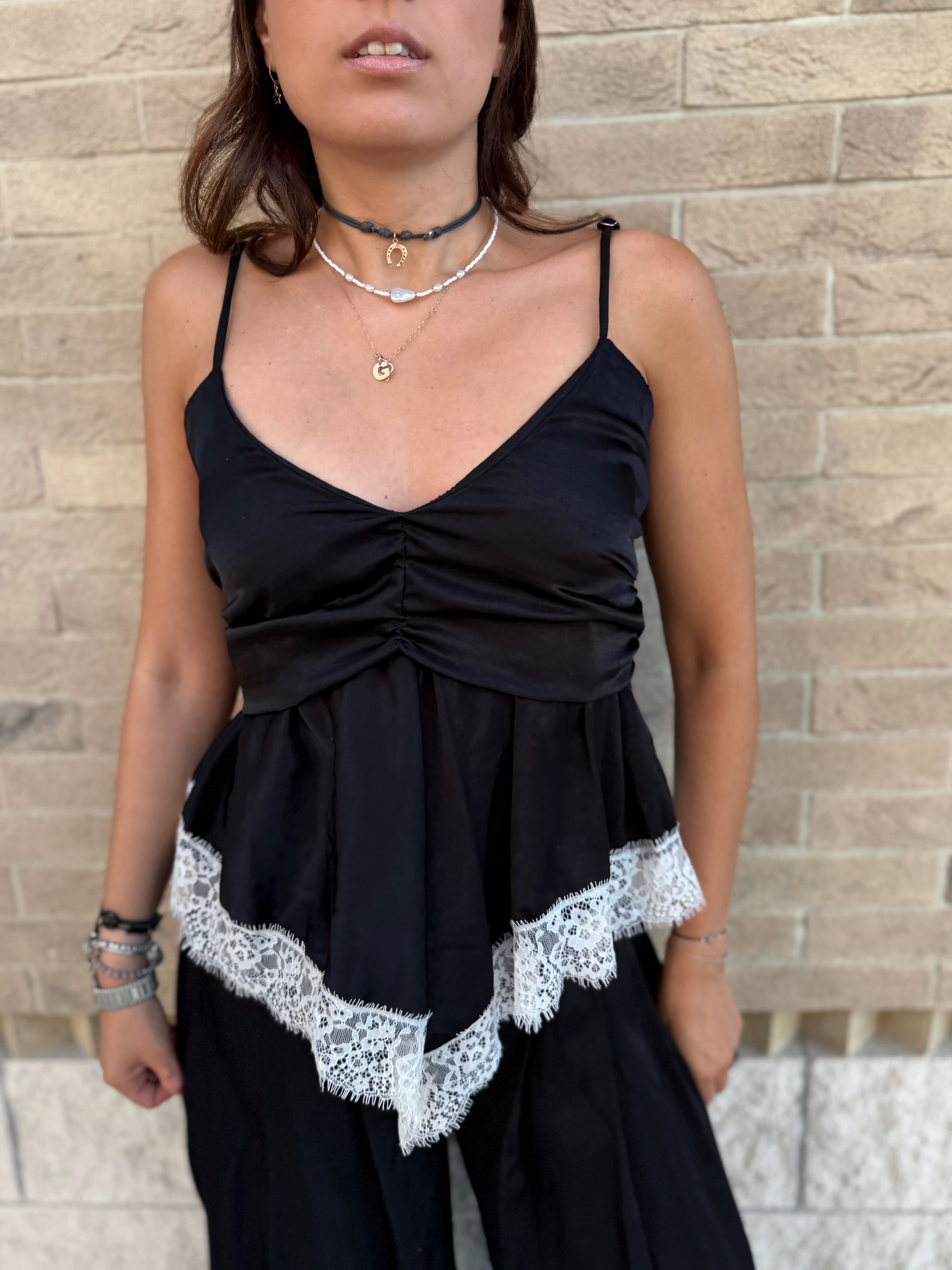 Coordinato Top con Pizzo + Pantalone - Nero Lucido