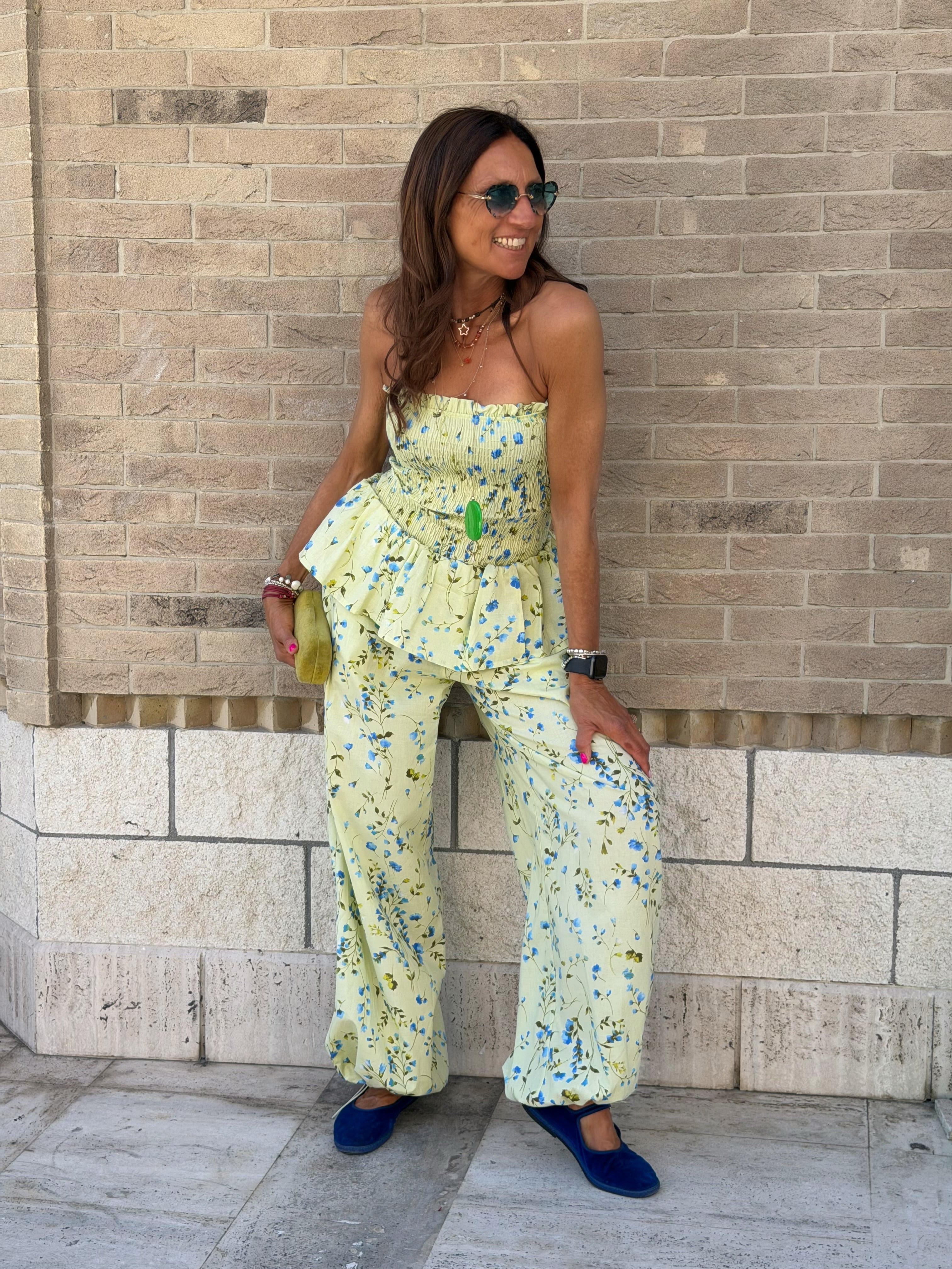 Pantalone con balza in Cotone Fiorellini | Giallo