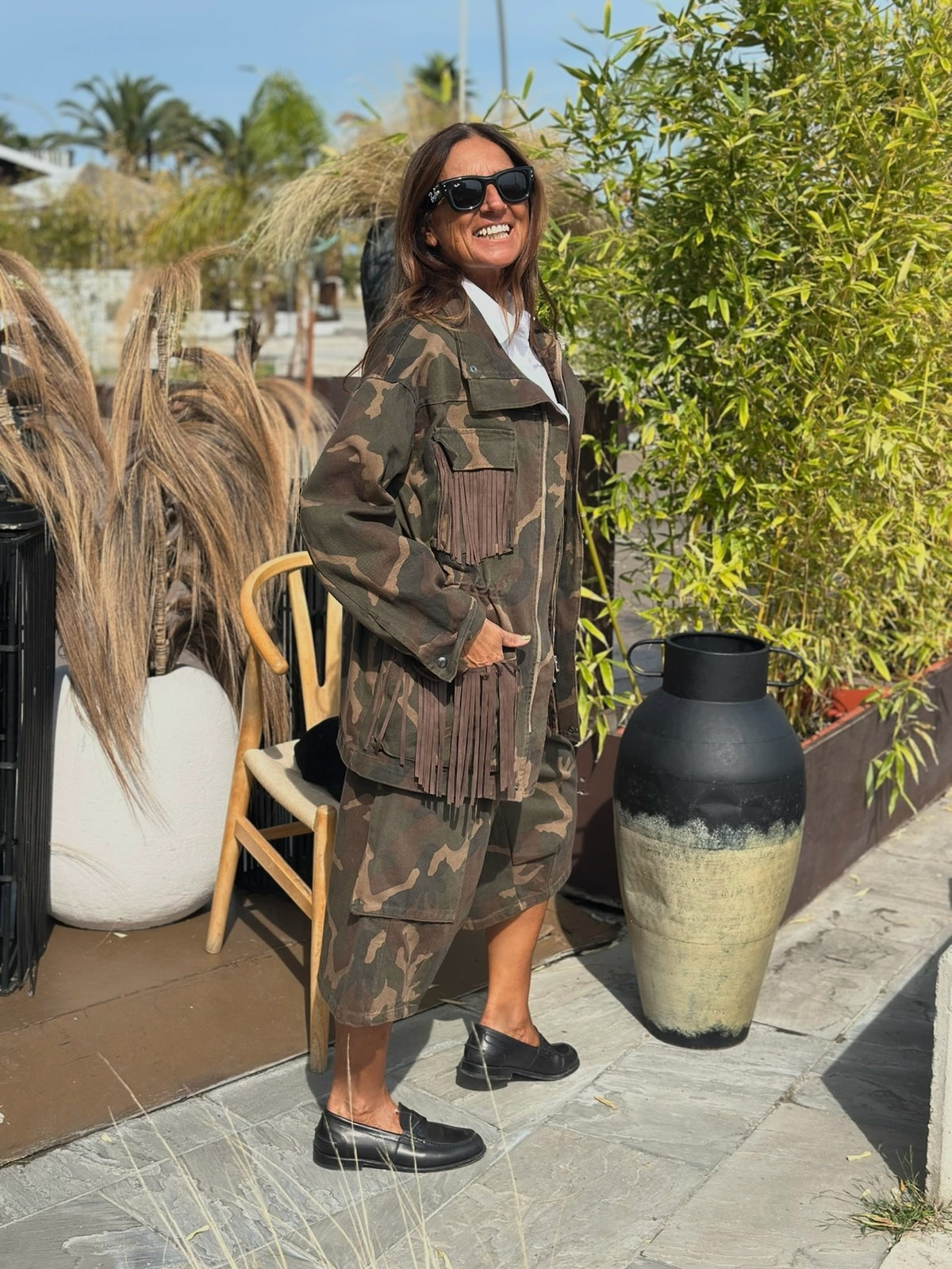 Giacca Denim Camouflage con Tasche con Frange