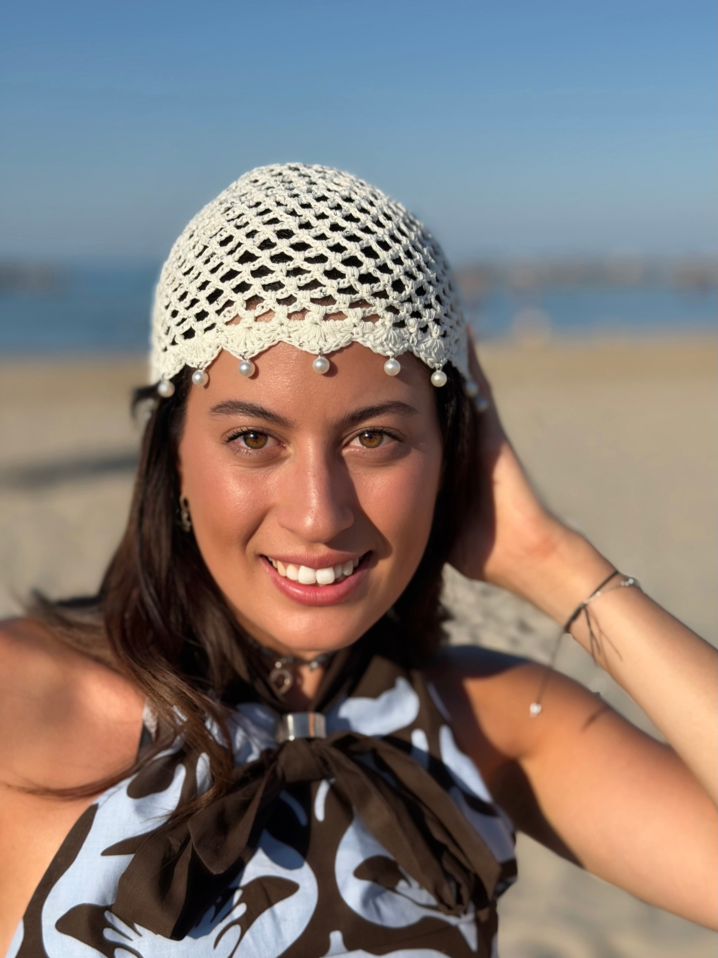 Cappellino Uncinetto con Perline - Bianco