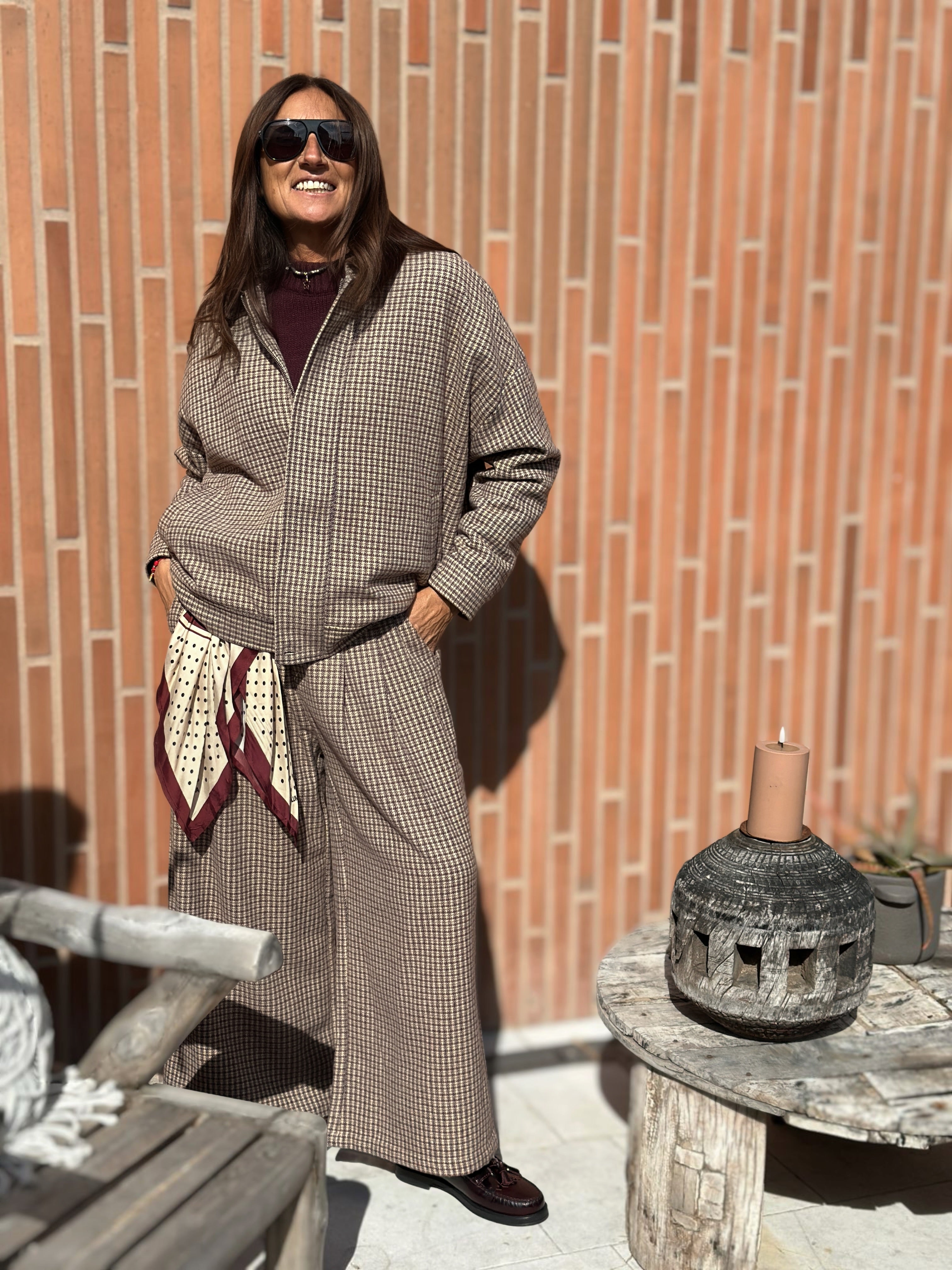 Giacca Pied de Poule con Colletto in Velluto Liscio