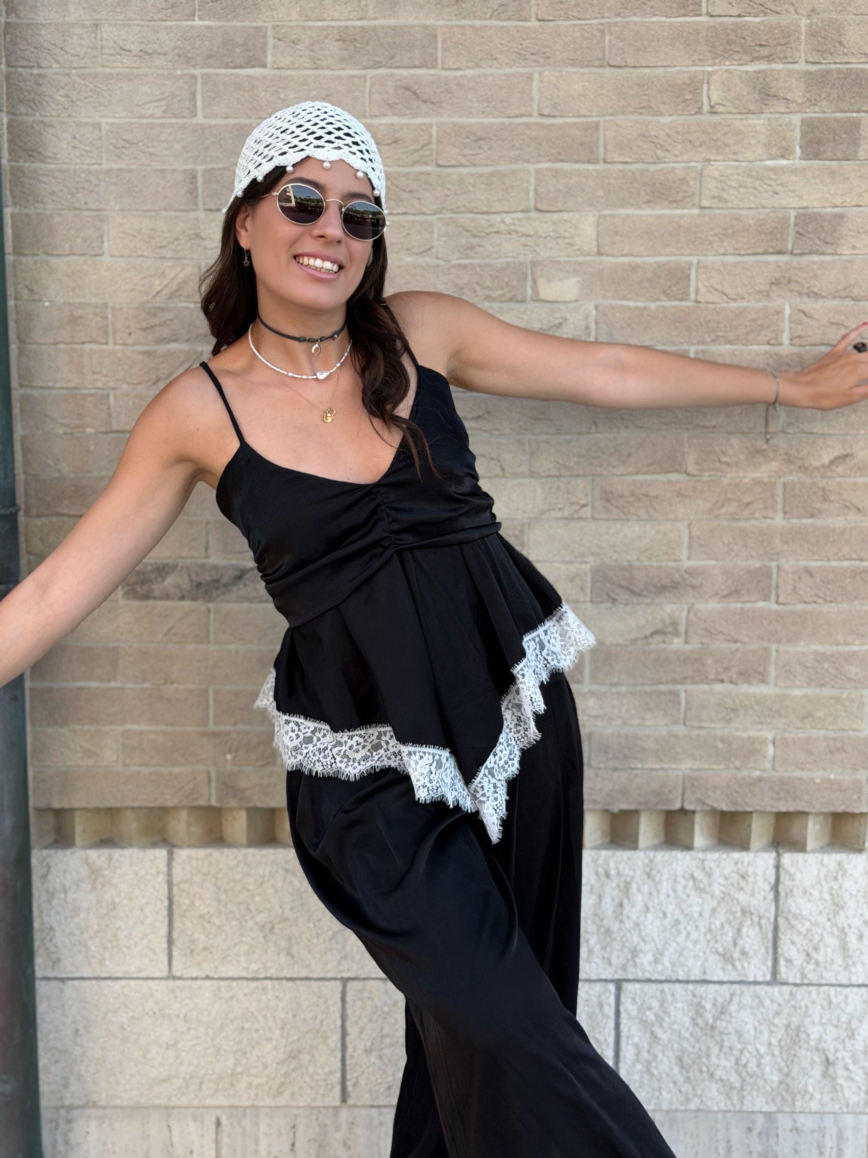 Coordinato Top con Pizzo + Pantalone - Nero Lucido