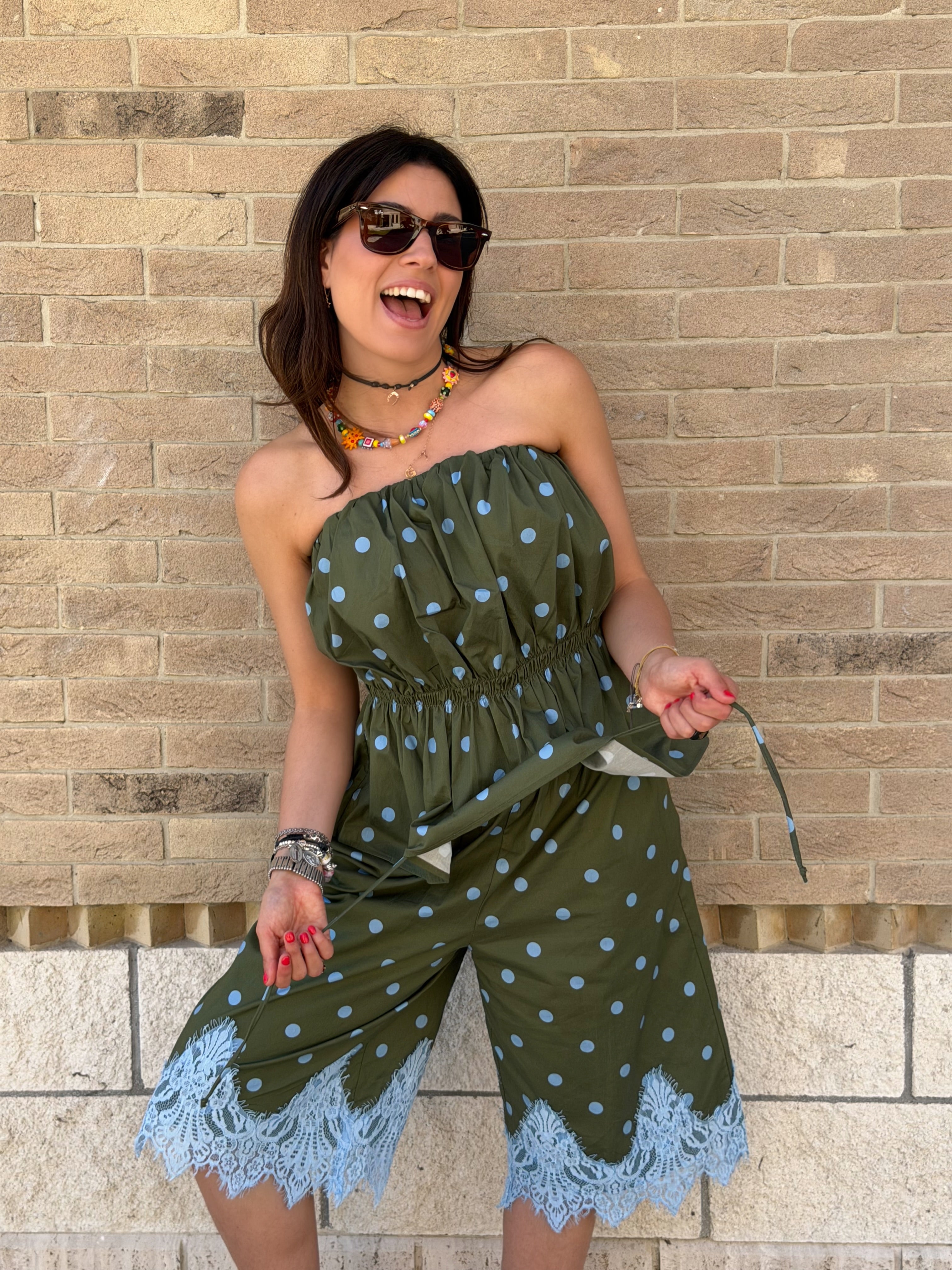 Bermuda Pois in Cotone con Pizzo - Verde Miltare