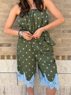 Bermuda Pois in Cotone con Pizzo - Verde Miltare