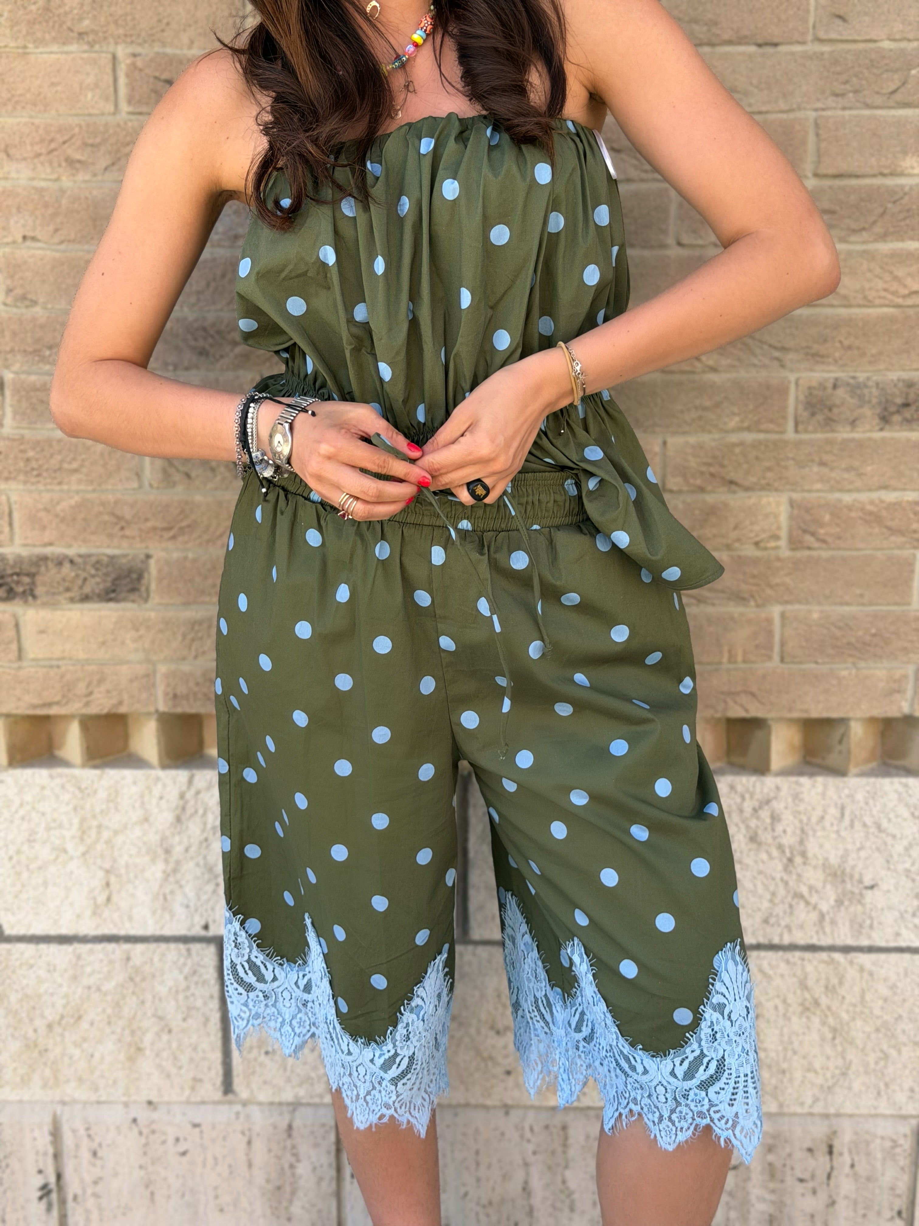 Bermuda Pois in Cotone con Pizzo - Verde Miltare
