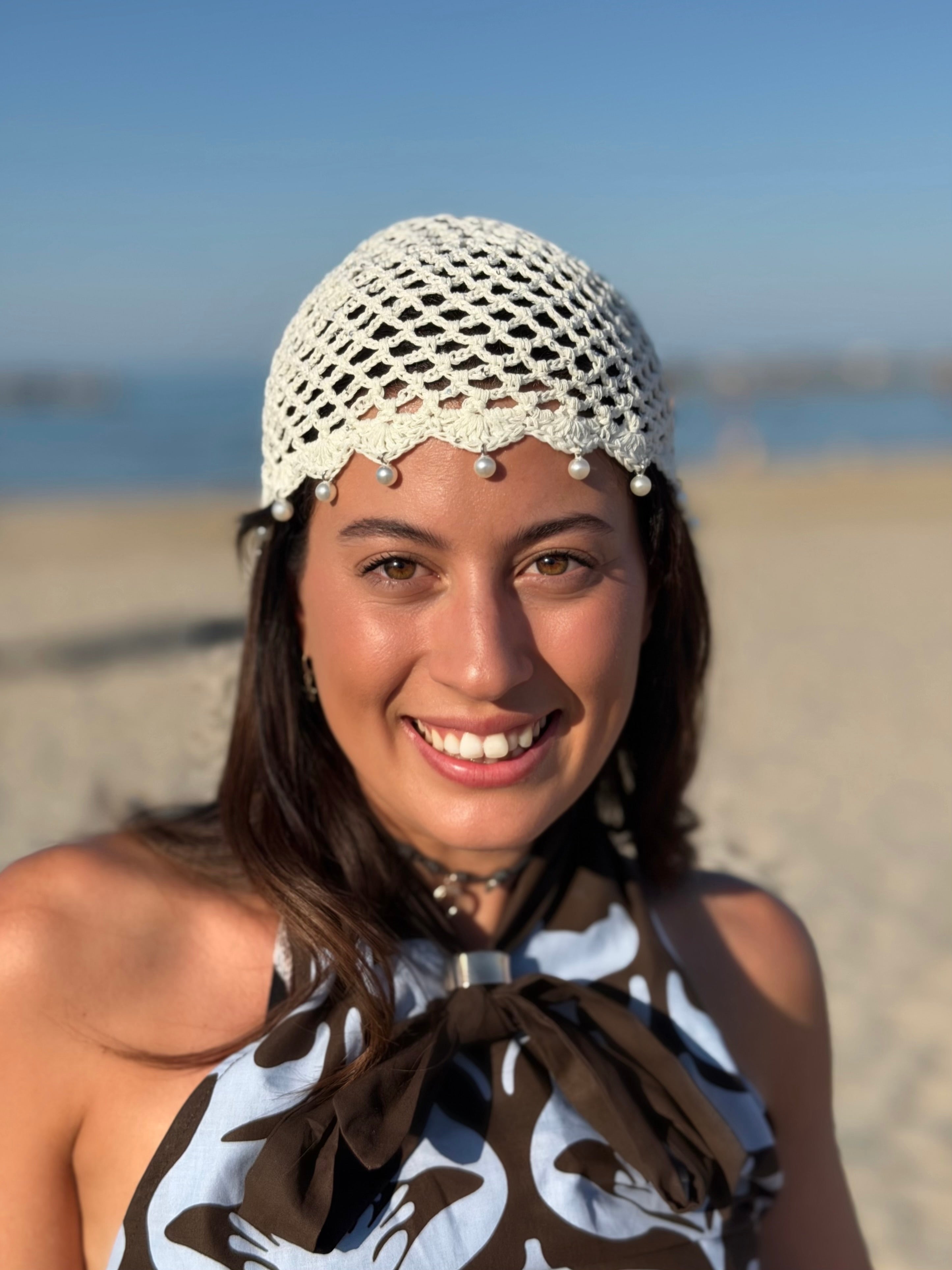 Cappellino Uncinetto con Perline - Bianco