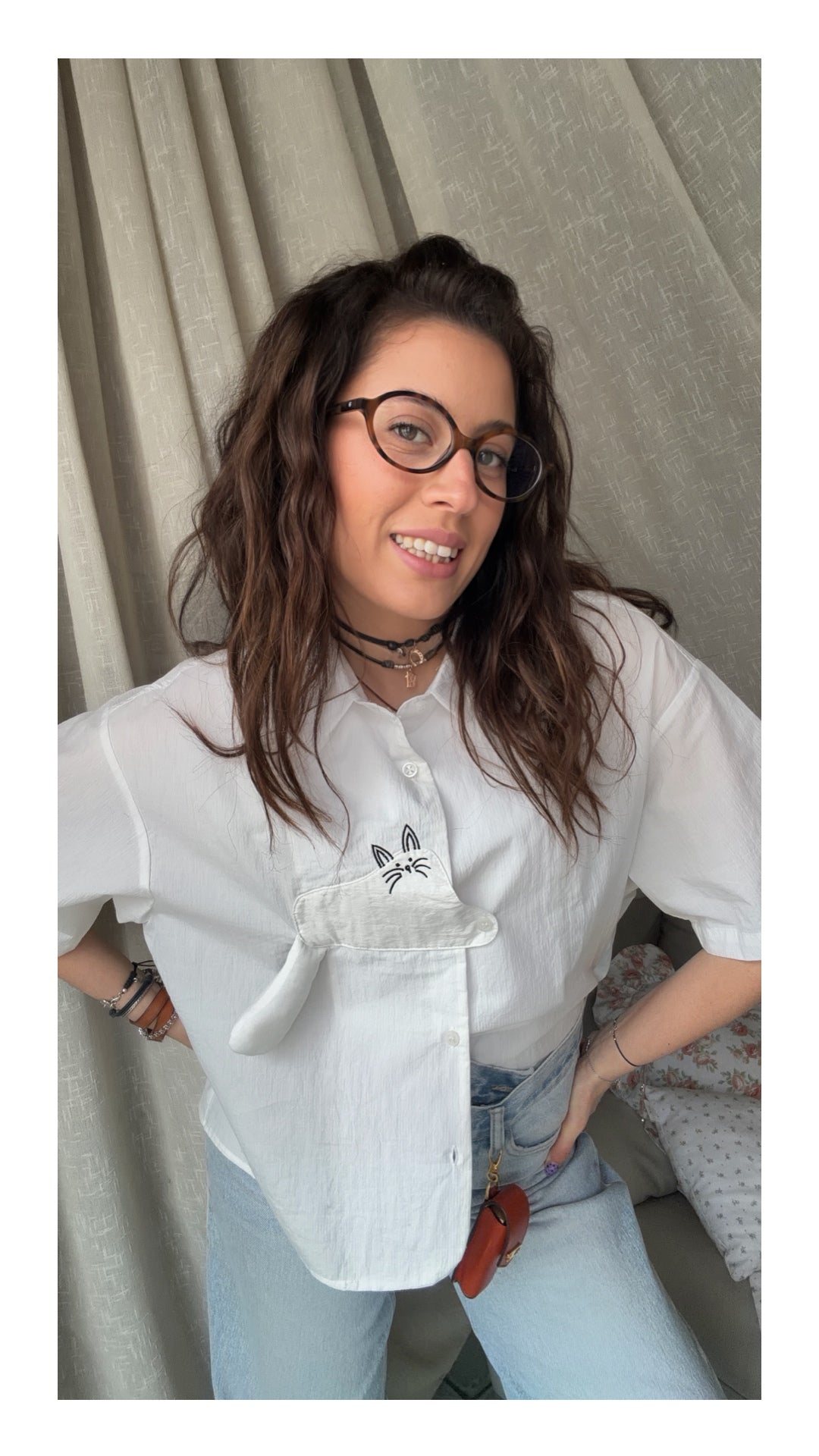 Camicia effetto Stropicciato con Gatto in 3d | Bianco