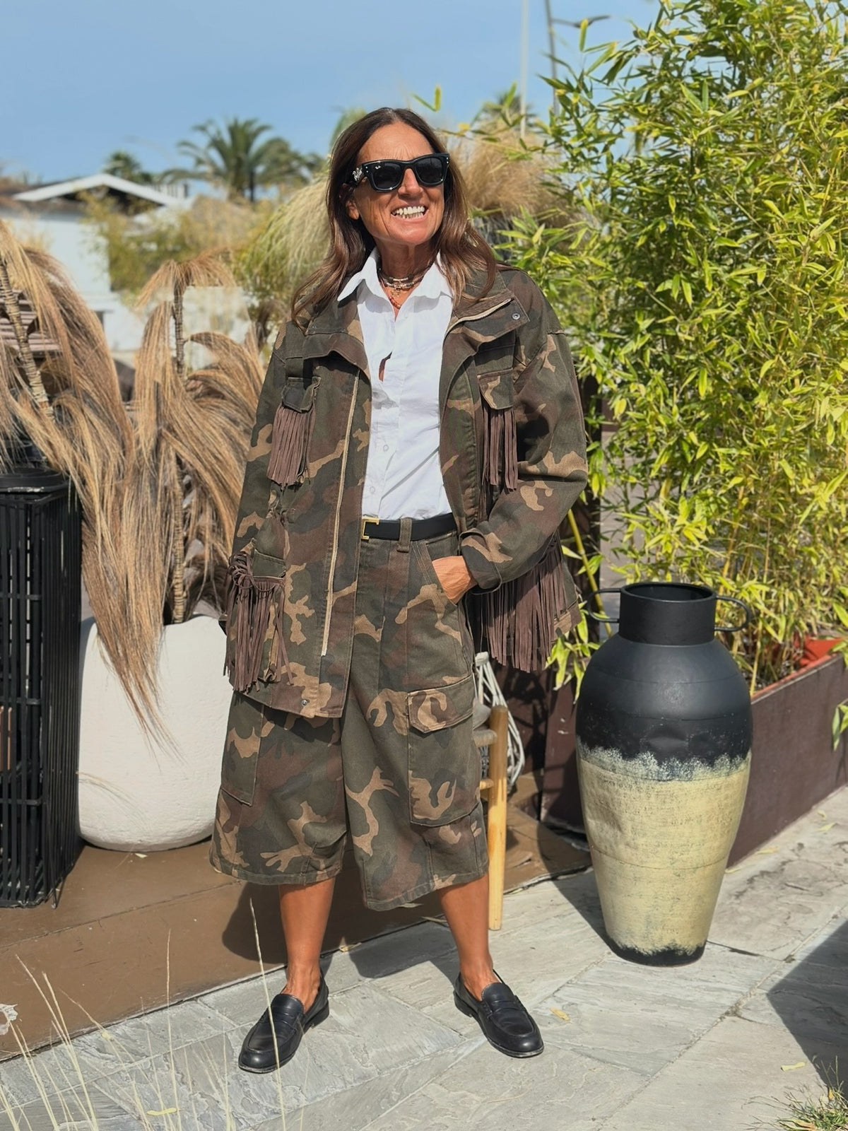 Giacca Denim Camouflage con Tasche con Frange