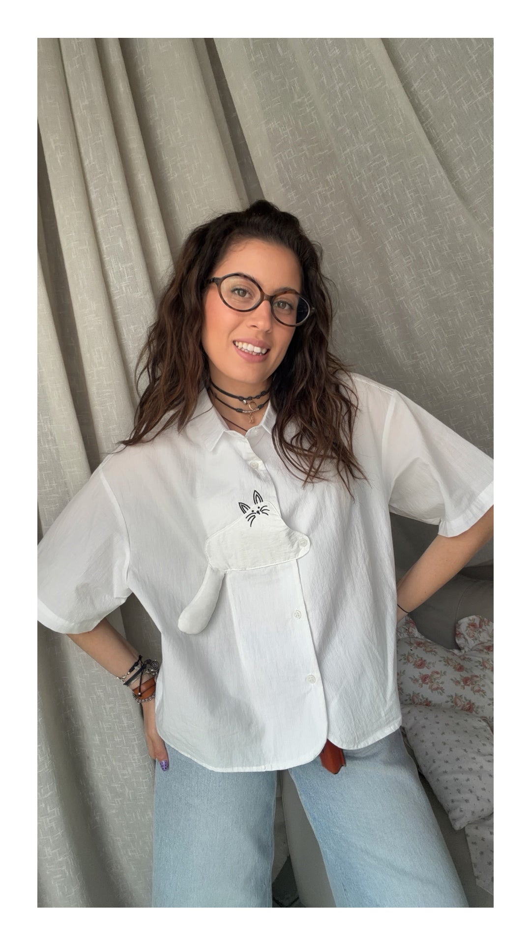 Camicia effetto Stropicciato con Gatto in 3d | Bianco