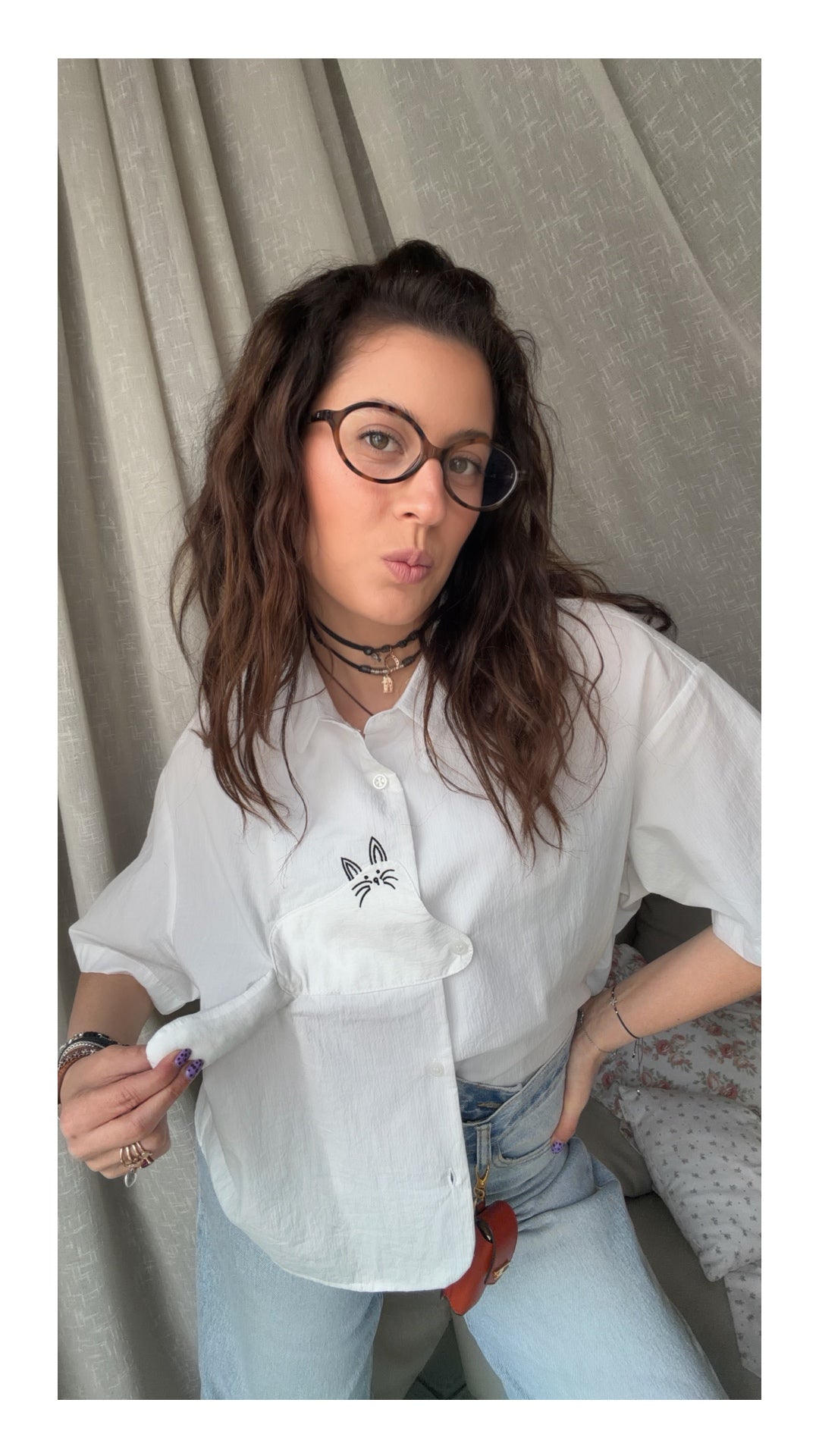 Camicia effetto Stropicciato con Gatto in 3d | Bianco