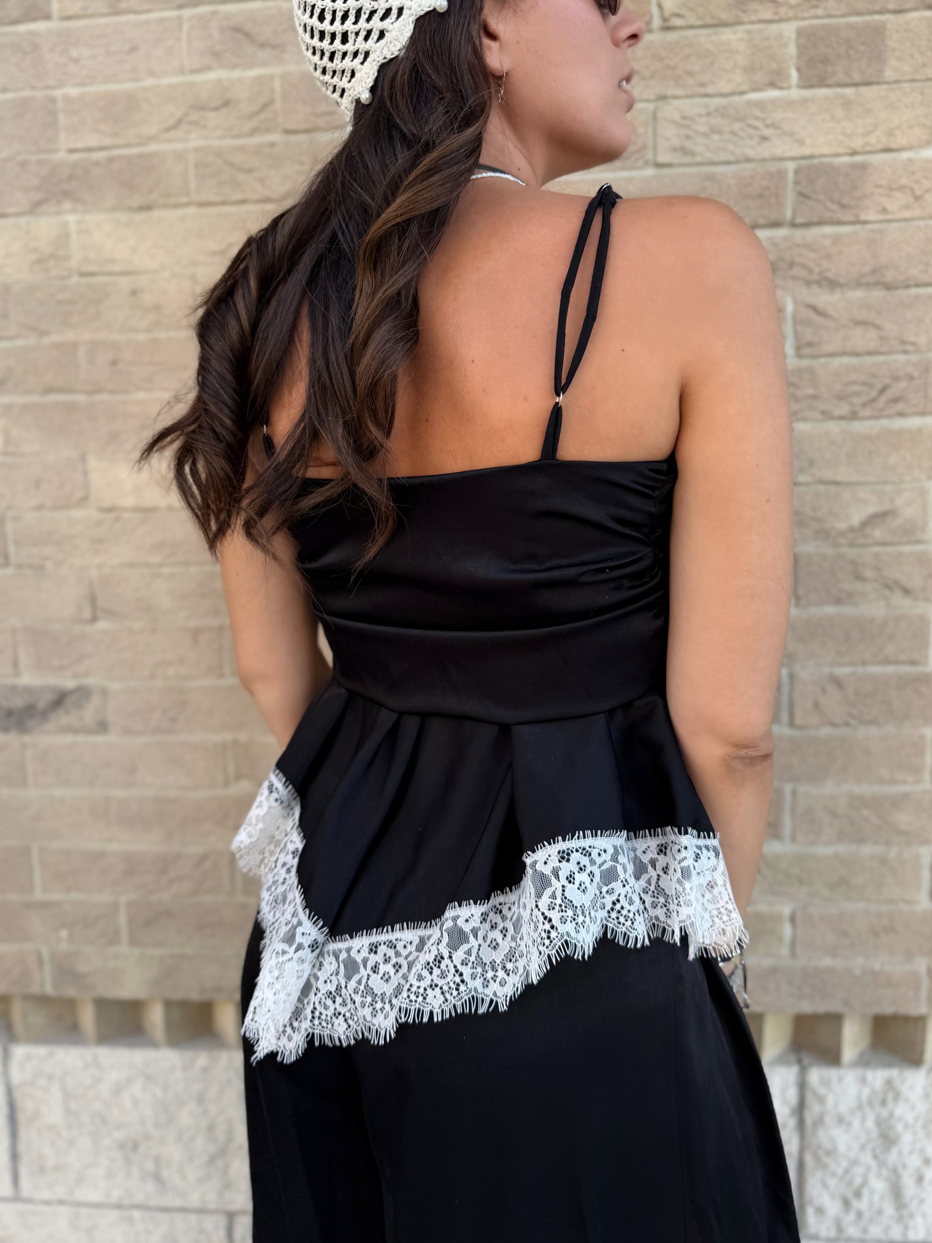 Coordinato Top con Pizzo + Pantalone - Nero Lucido
