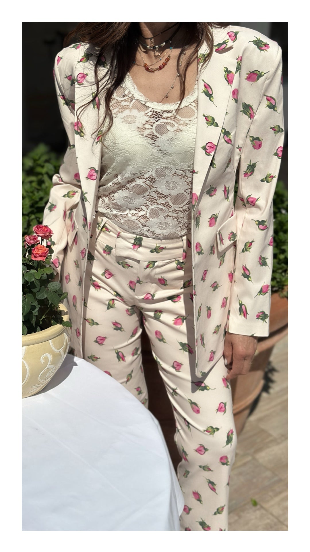 Blazer Monopetto Stampa Bocciolo di Rosa | Crema