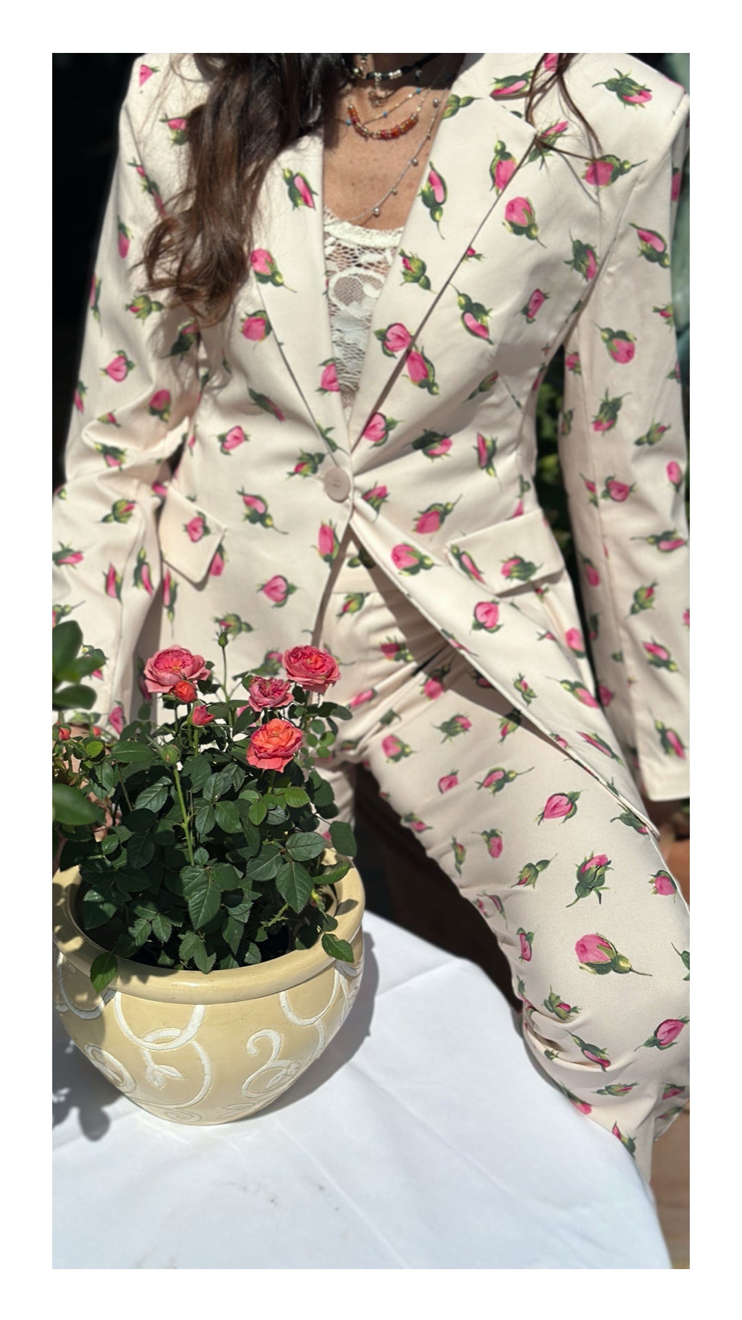 Blazer Monopetto Stampa Bocciolo di Rosa | Crema