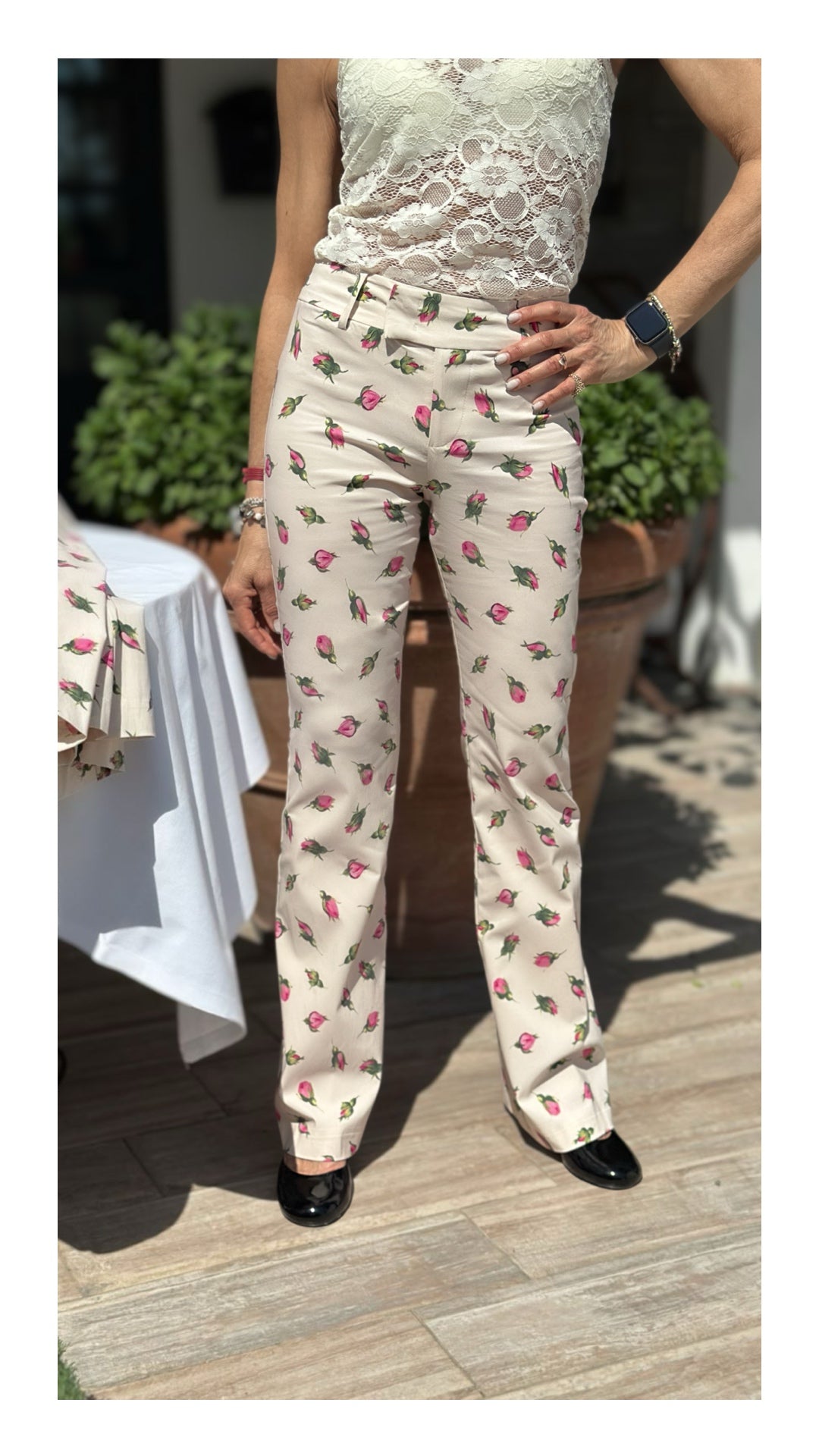 Pantaloni Stampa Bocciolo di Rosa | Crema
