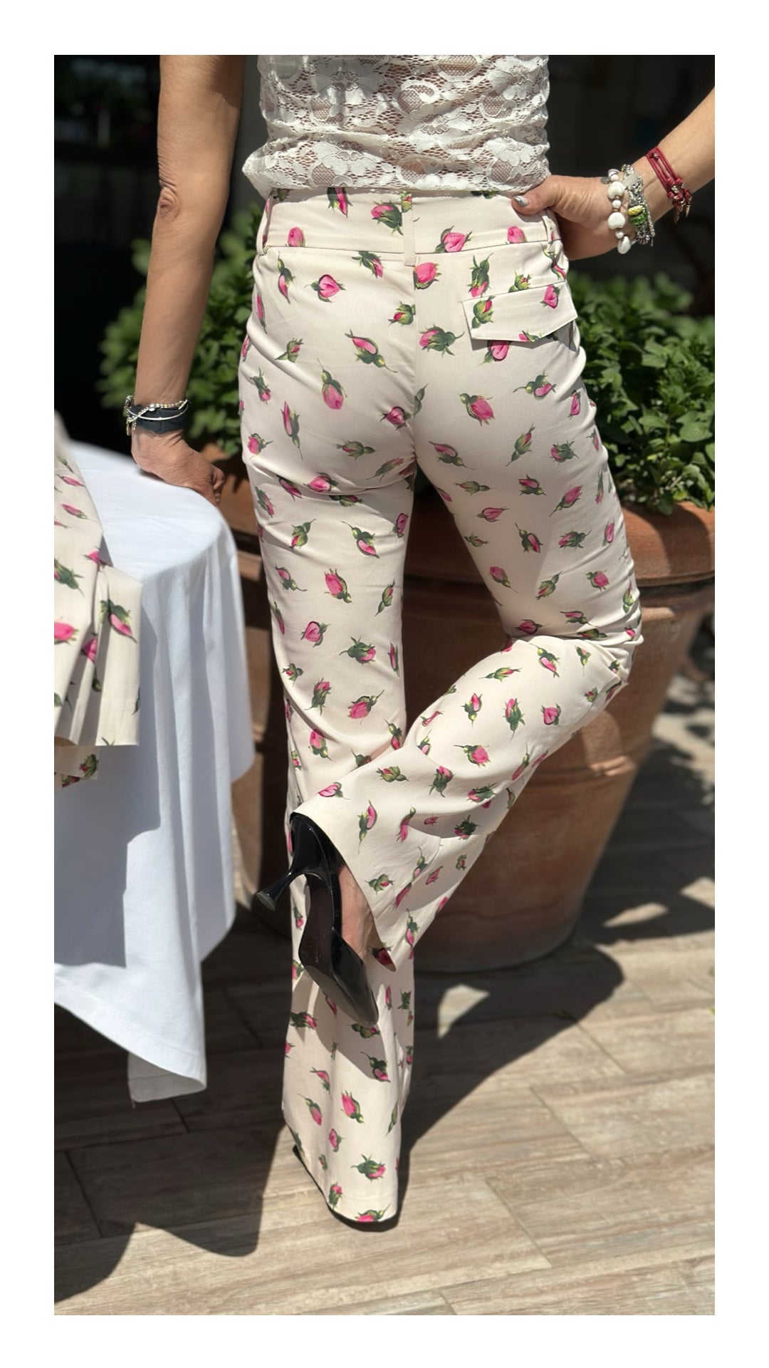 Pantaloni Stampa Bocciolo di Rosa | Crema