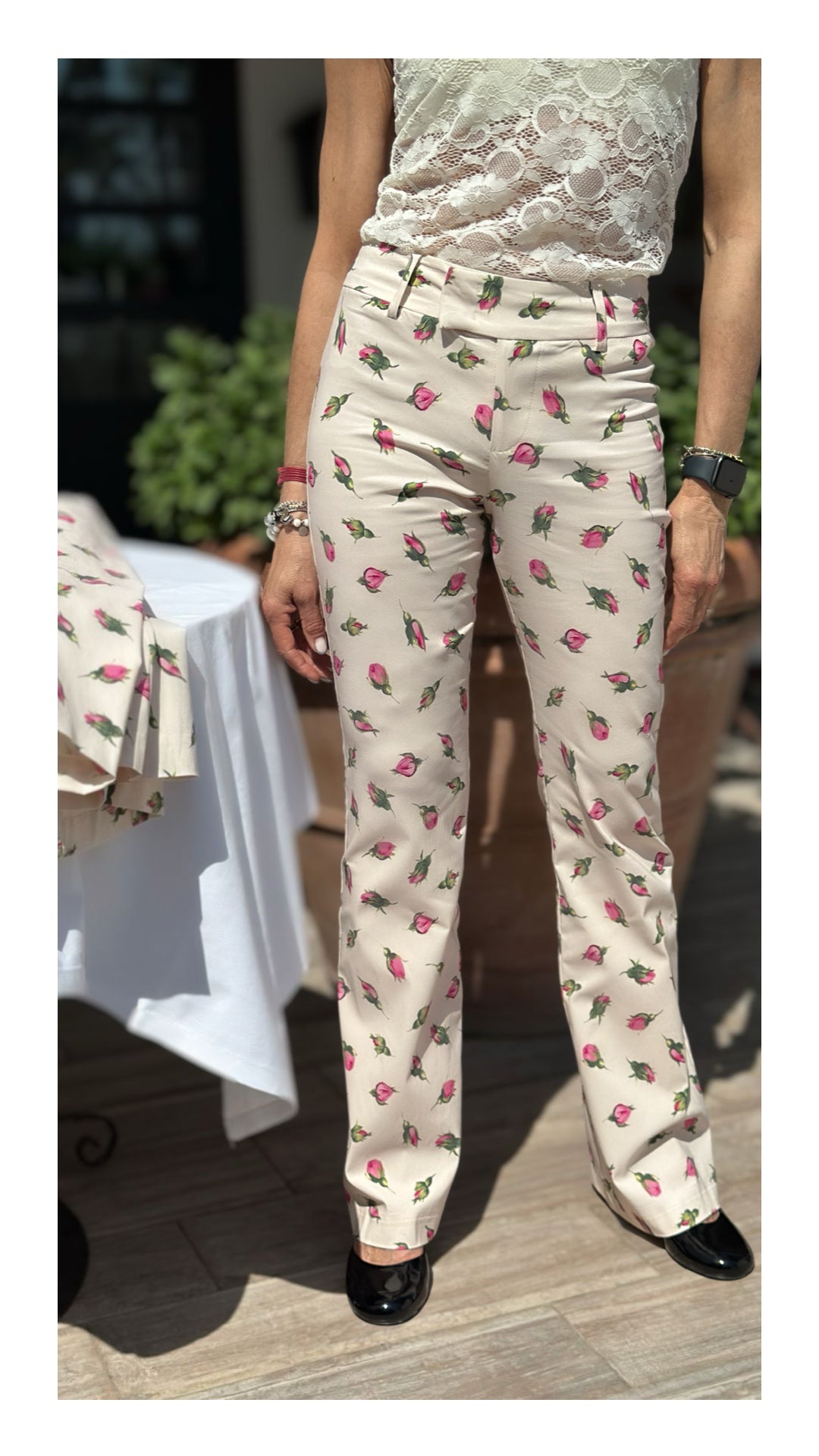 Pantaloni Stampa Bocciolo di Rosa | Crema