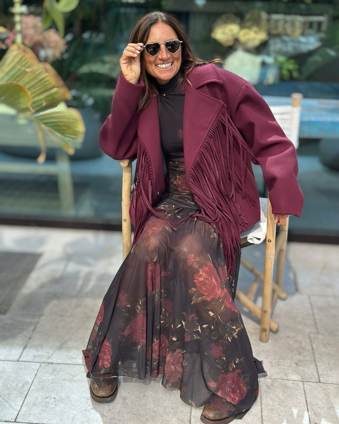 Giacca in Panno con Maxi Frange Bordeaux