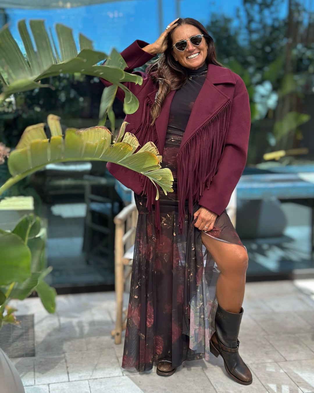 Giacca in Panno con Maxi Frange Bordeaux
