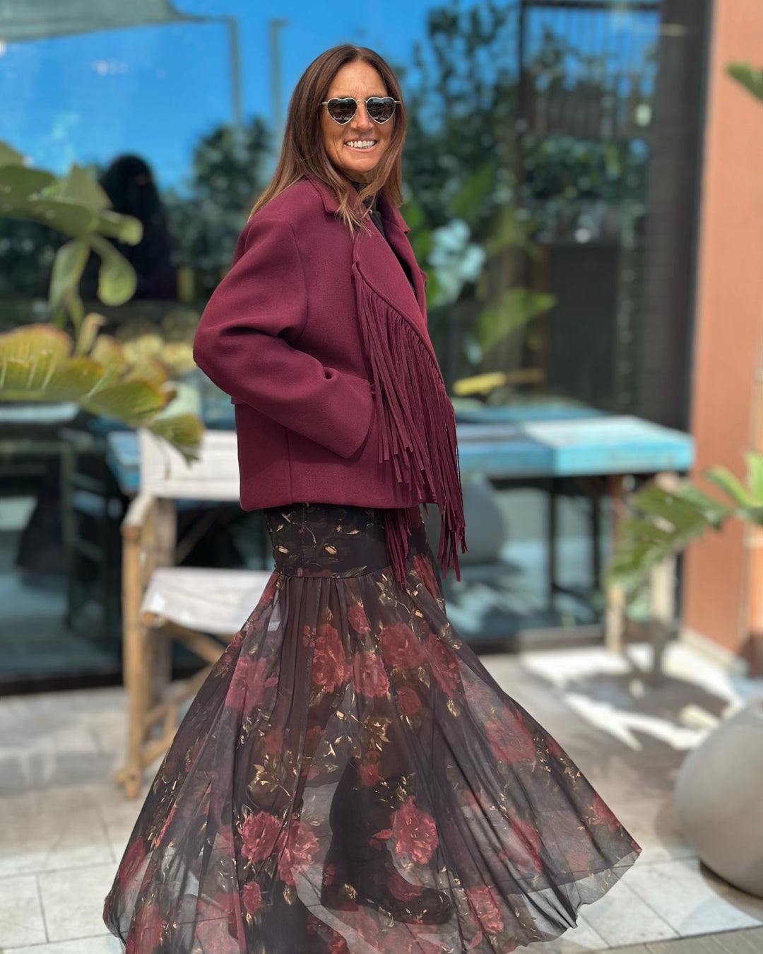 Giacca in Panno con Maxi Frange Bordeaux