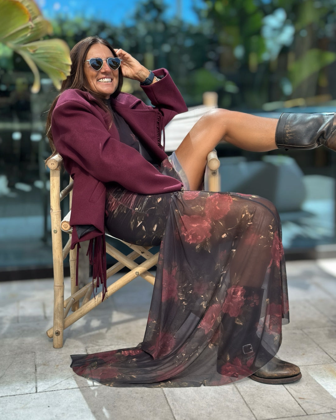 Giacca in Panno con Maxi Frange Bordeaux