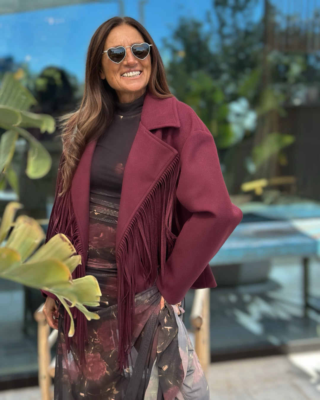 Giacca in Panno con Maxi Frange Bordeaux