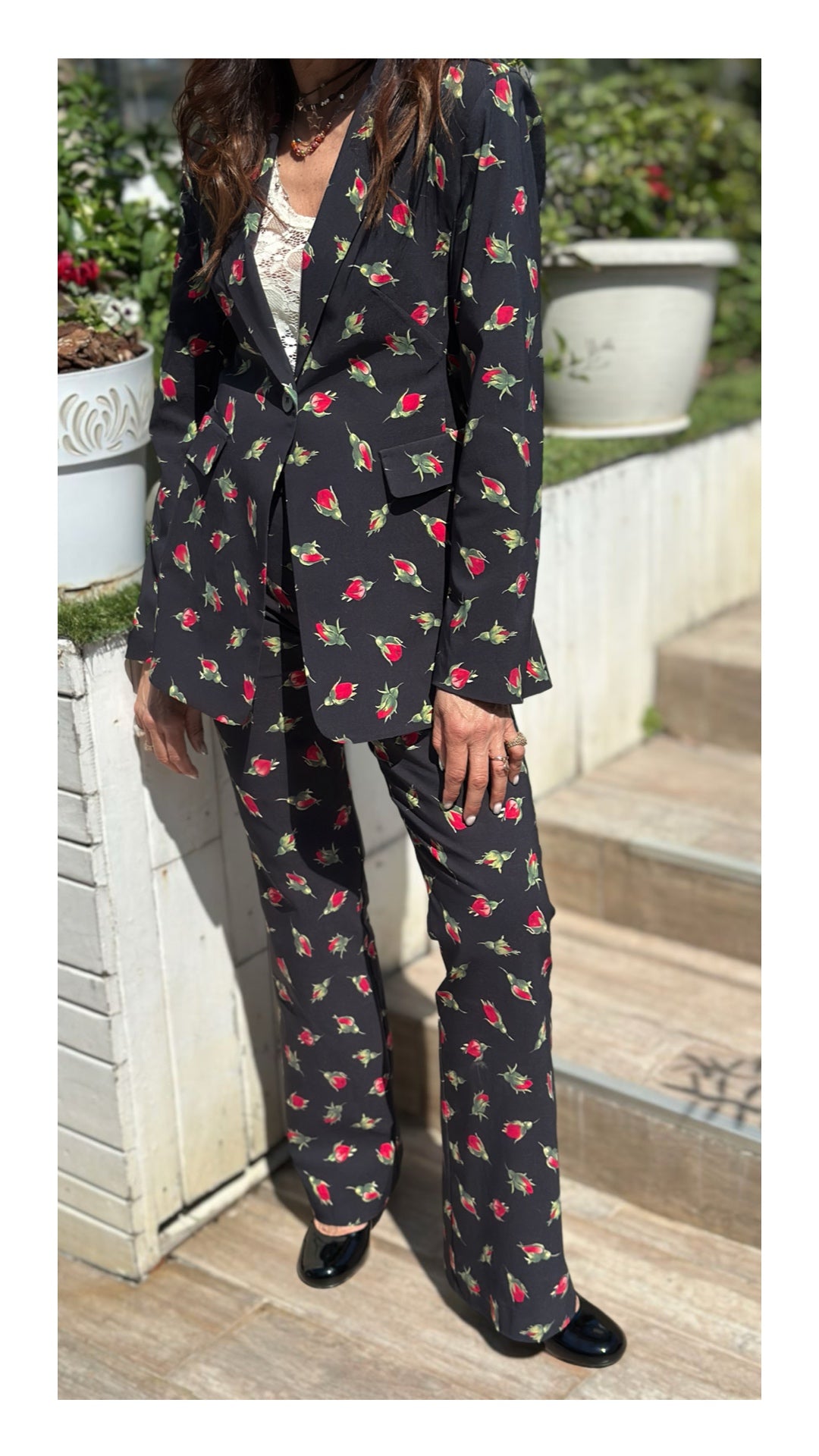 Blazer Monopetto Stampa Bocciolo di Rosa | Nero