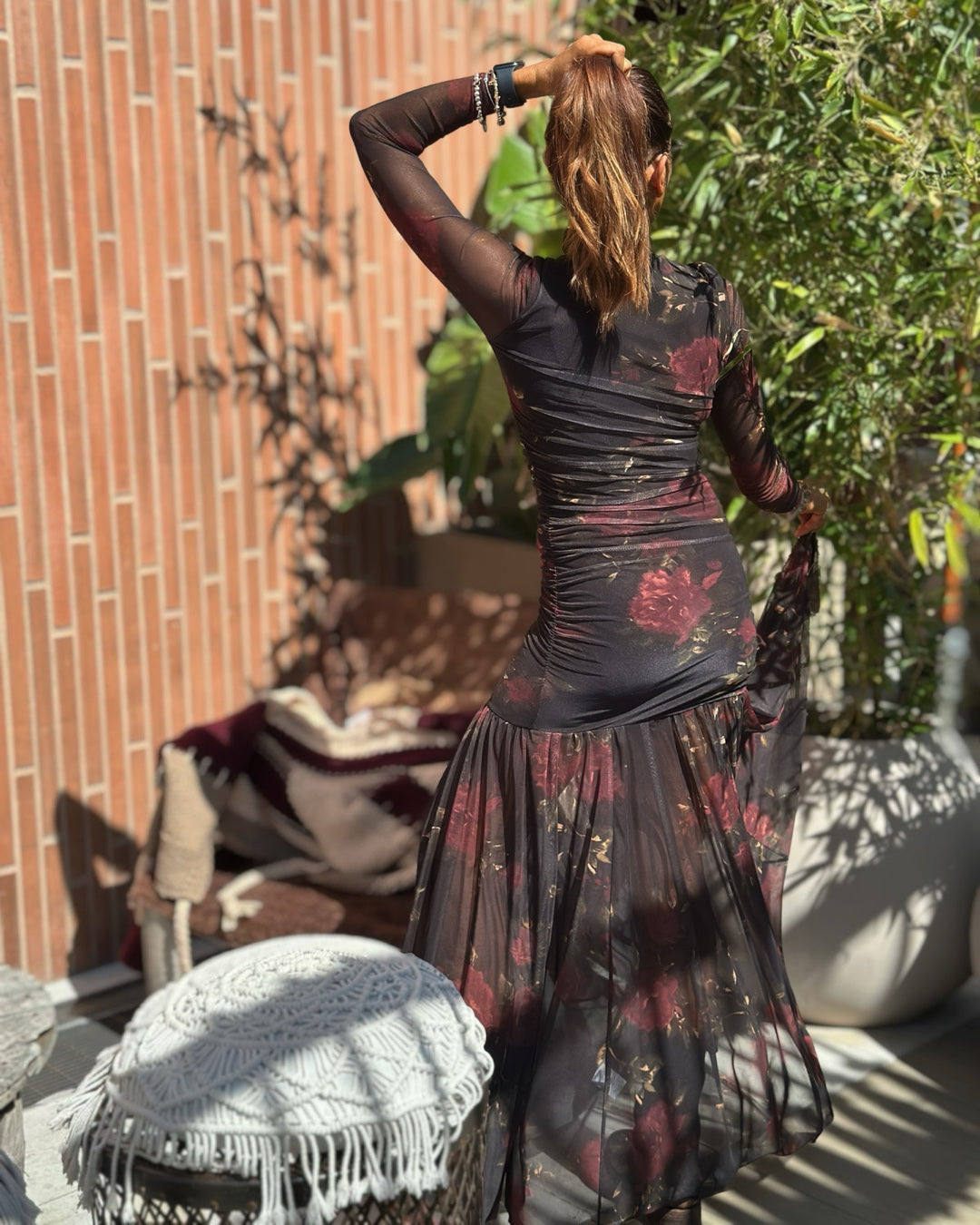 Abito Lungo in Tulle Floreale Nero