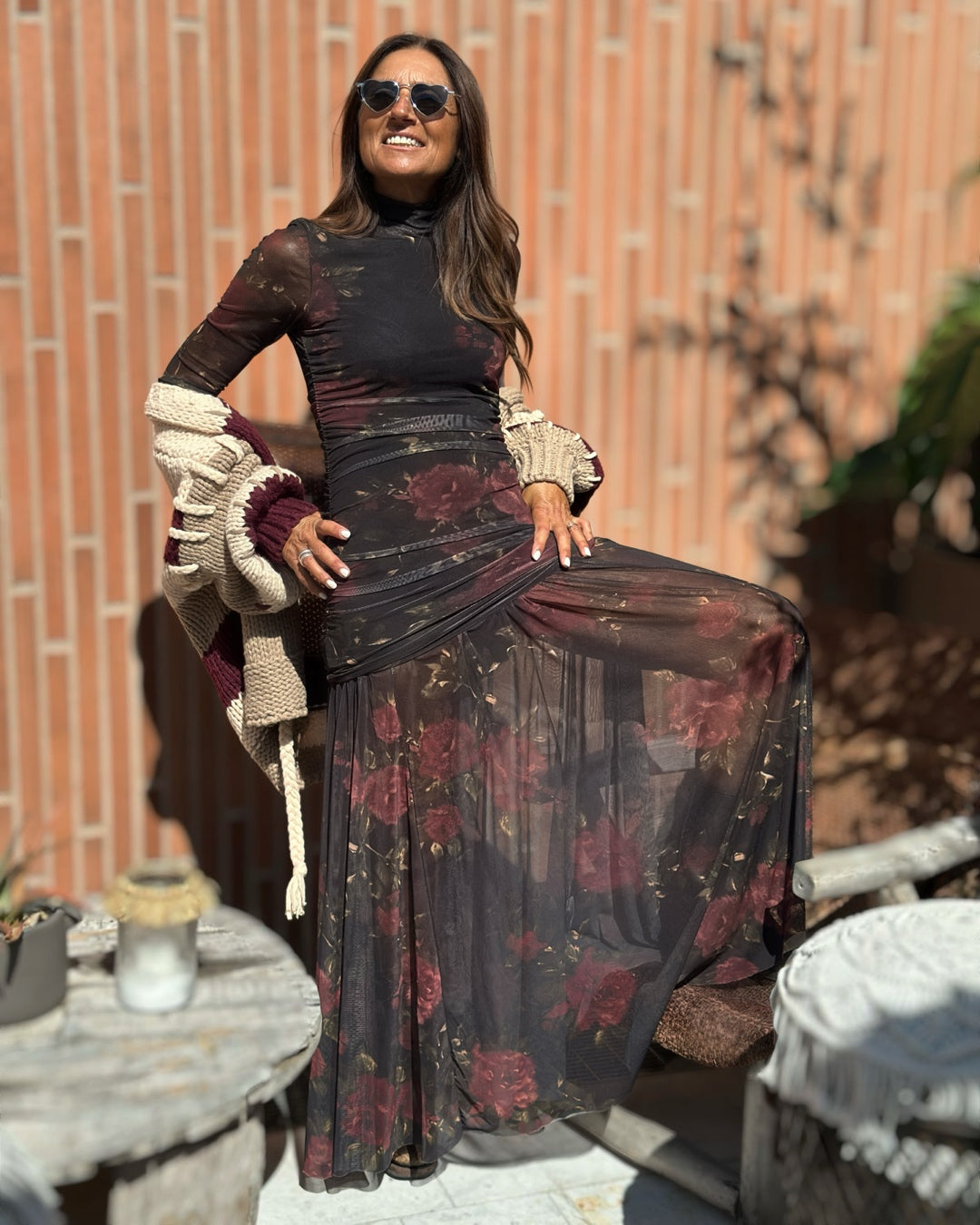 Abito Lungo in Tulle Floreale Nero