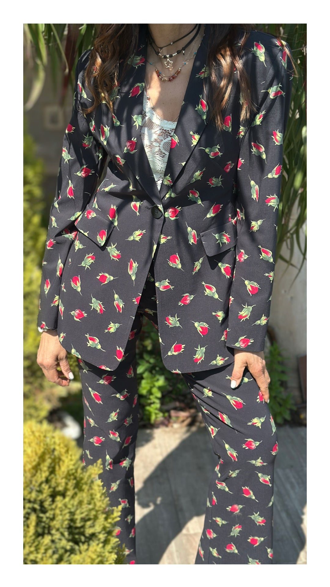 Blazer Monopetto Stampa Bocciolo di Rosa | Nero