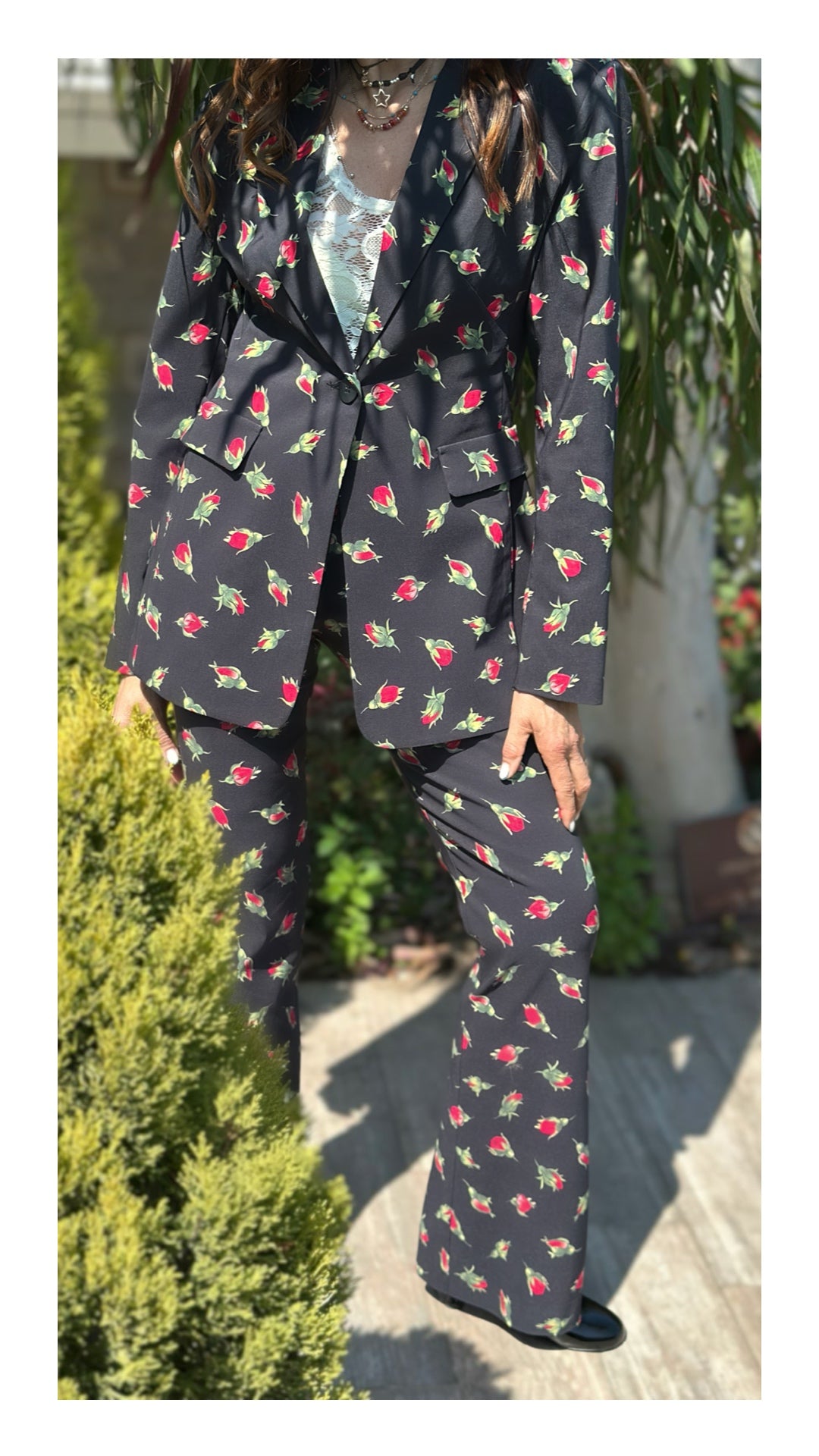 Blazer Monopetto Stampa Bocciolo di Rosa | Nero