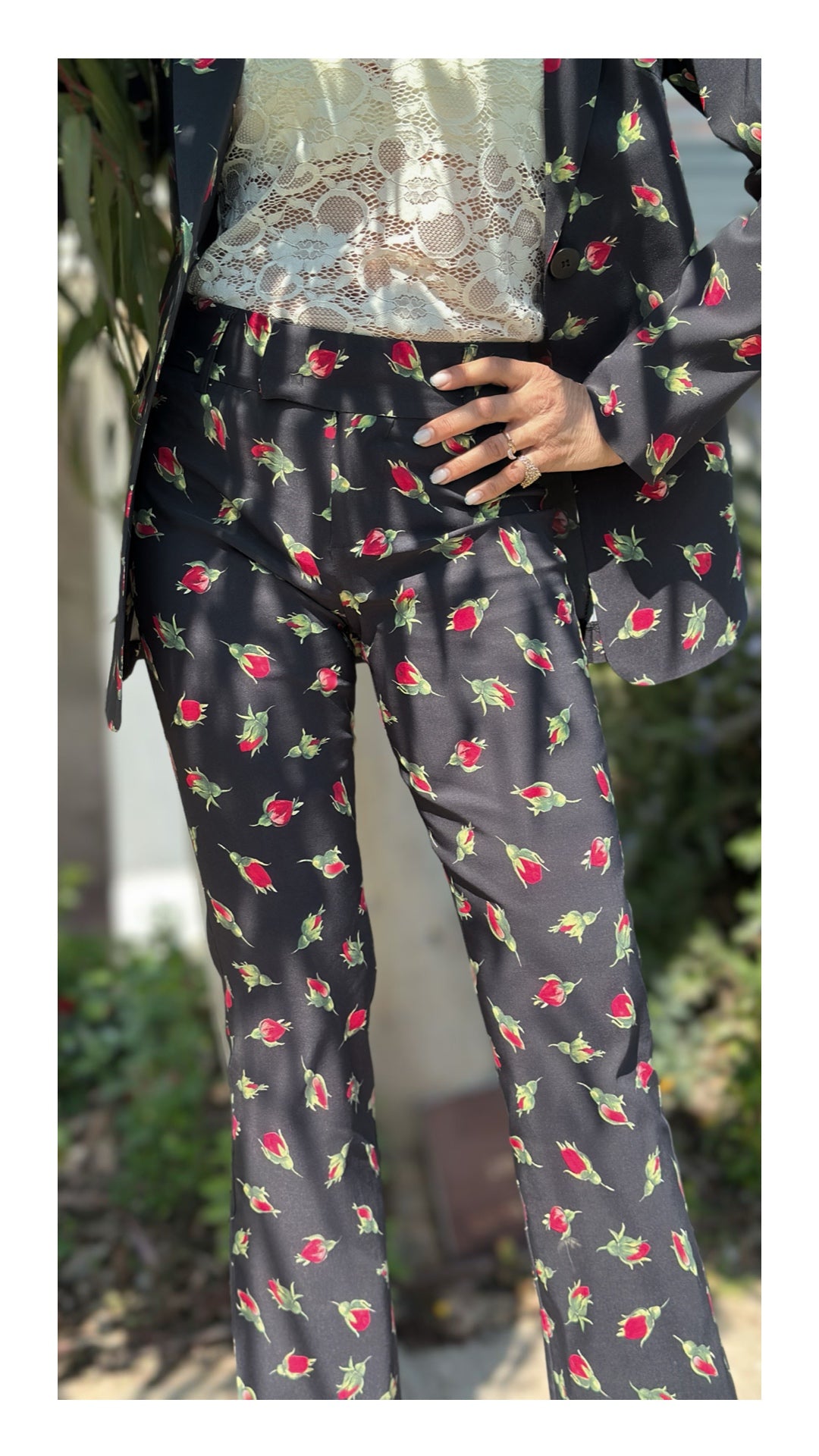 Pantaloni Stampa Bocciolo di Rosa | Nero