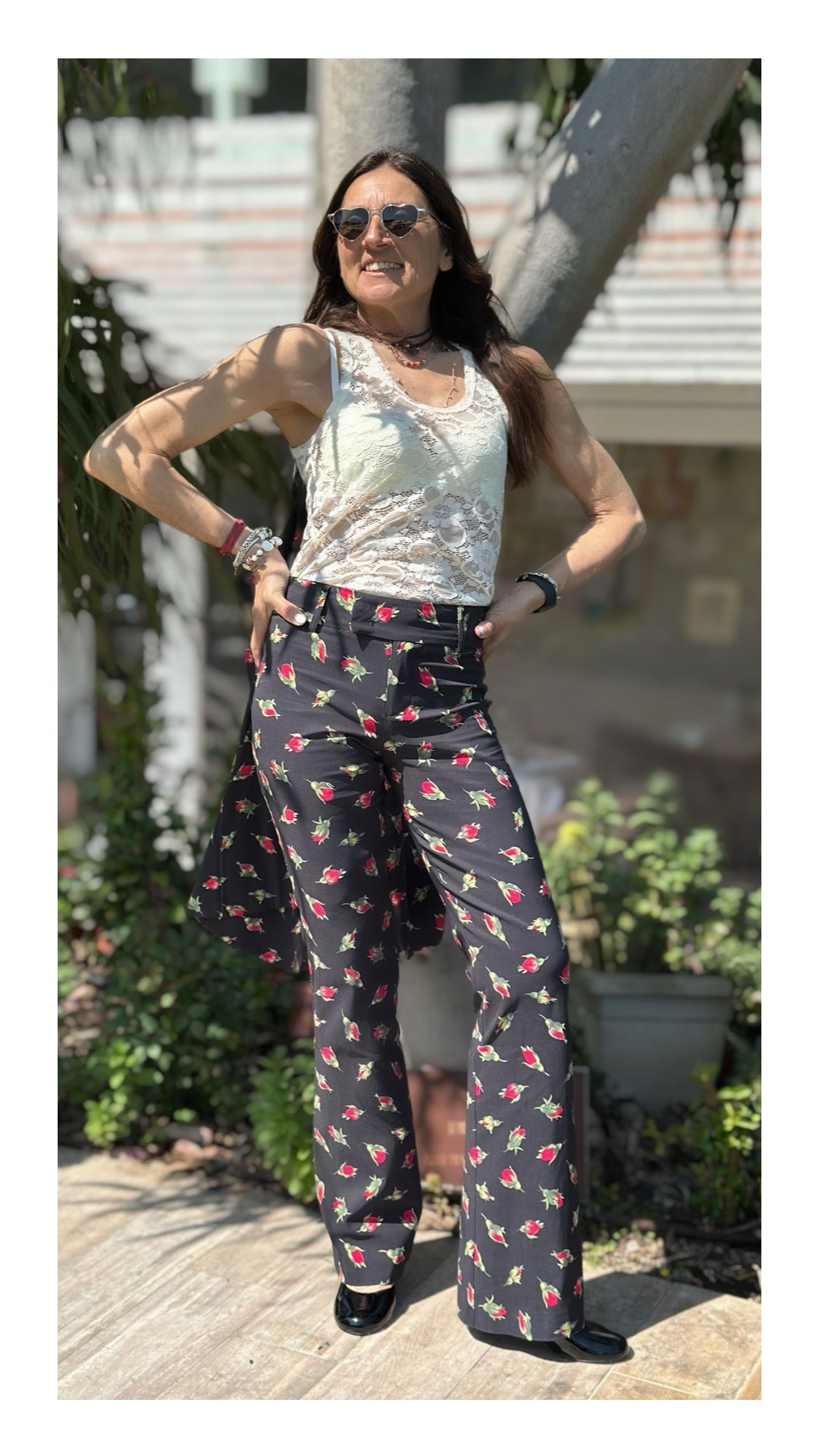 Pantaloni Stampa Bocciolo di Rosa | Nero