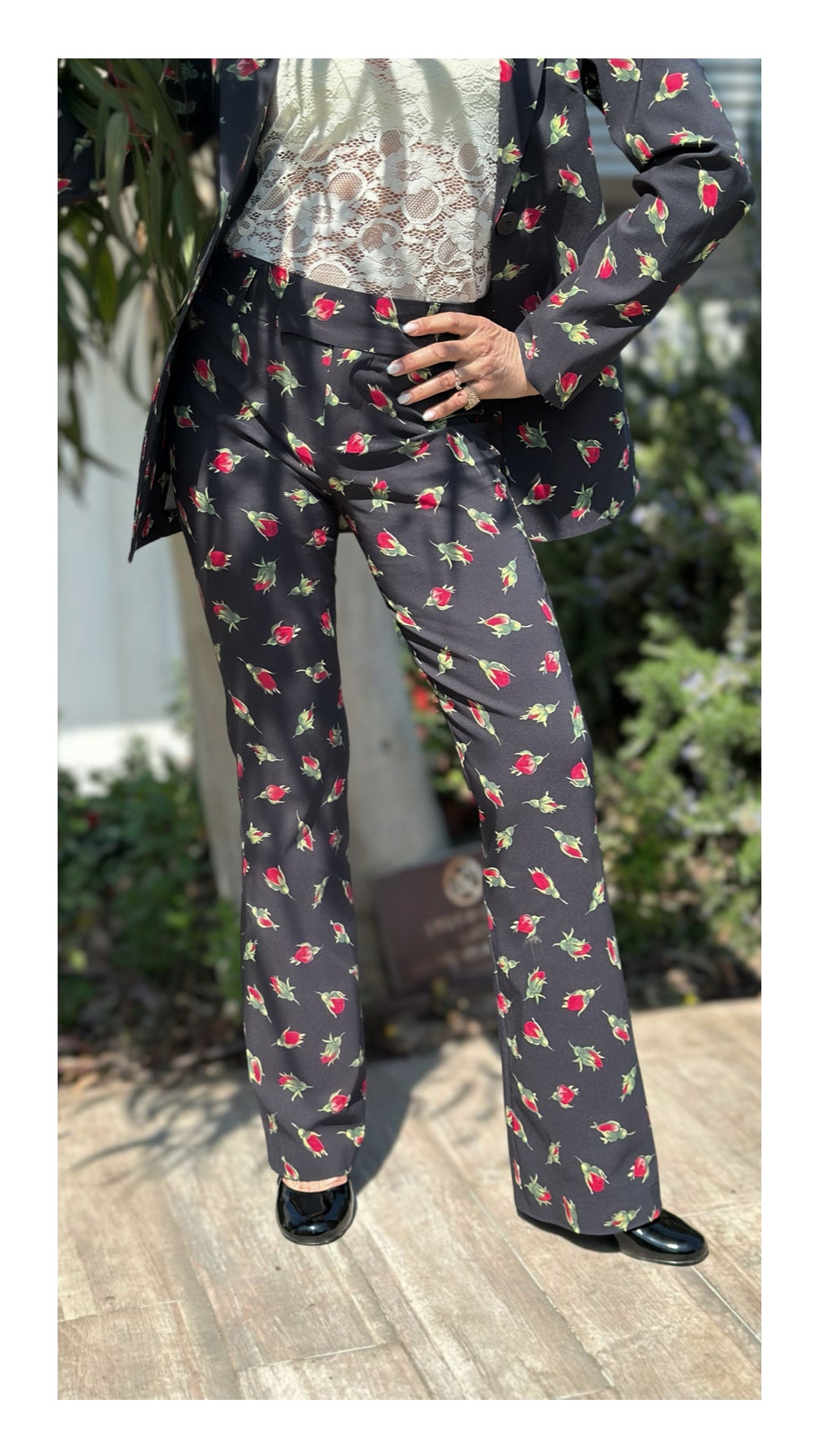 Pantaloni Stampa Bocciolo di Rosa | Nero